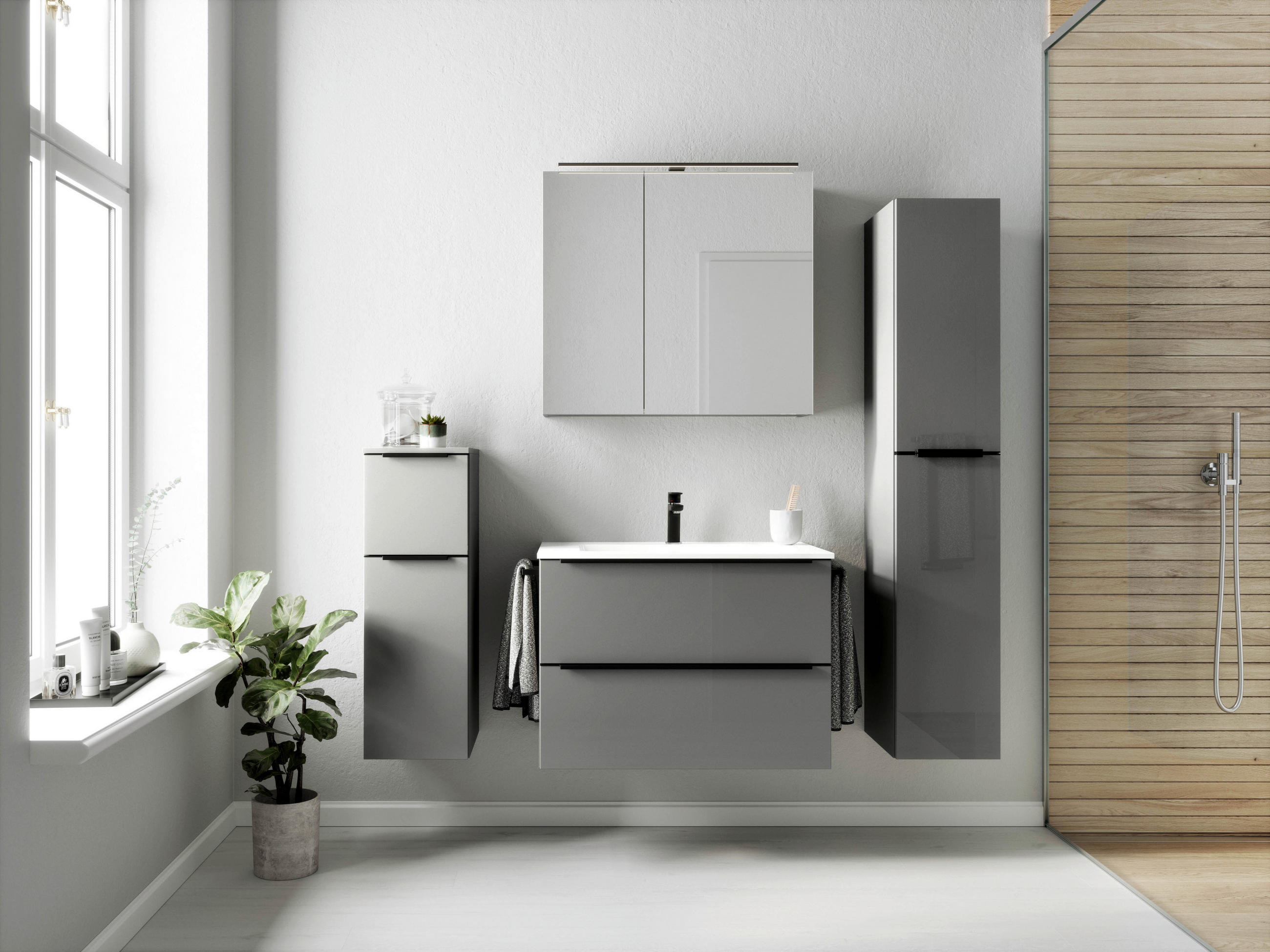 BADEZIMMER 5-teilig  in 141 cm  - Schieferfarben/Schwarz, MODERN, Holzwerkstoff/Stein (141cm) - Nobilia