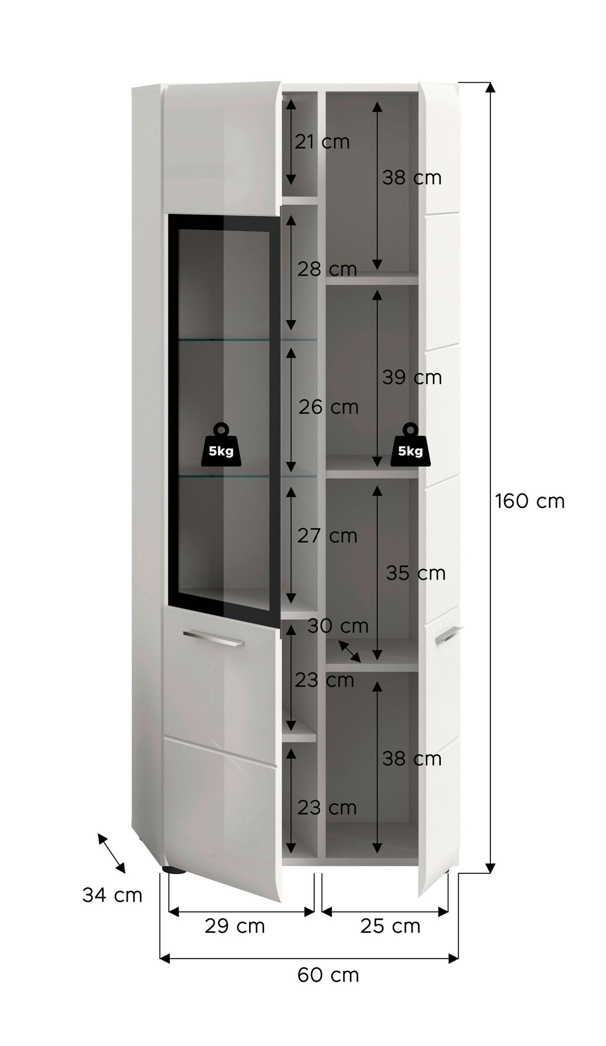 VITRINE  in Weiß, Weiß Hochglanz  - Weiß Hochglanz/Silberfarben, Design, Glas/Holzwerkstoff (60/160/34cm) - Livetastic