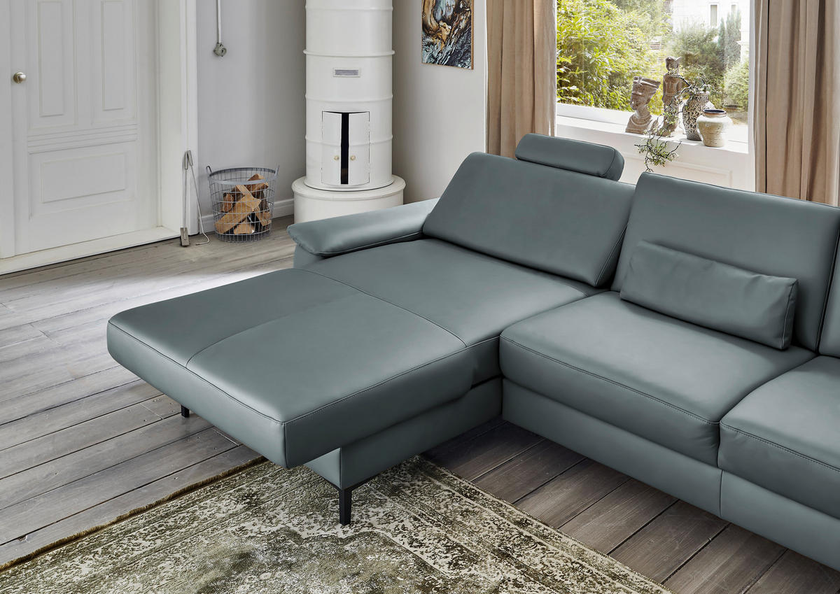 ECKSOFA Echtleder Blaugrau  - Blaugrau/Schwarz, Design, Leder/Metall (176/334cm) - Dieter Knoll
