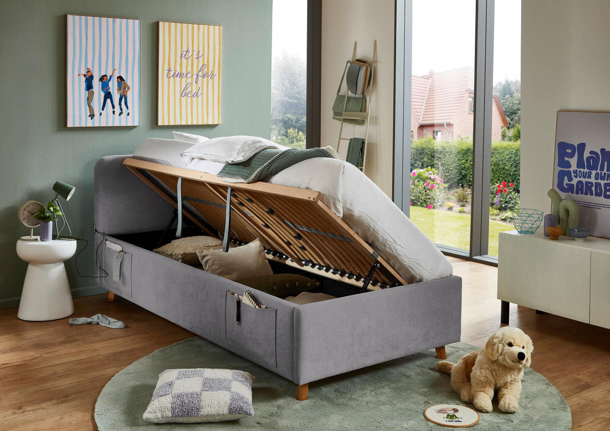 POLSTERBETT 90/200 cm,  in Grau, Eichefarben, Lattenrost, Bettkasten, Betttasche,  - Eichefarben/Birkefarben, KONVENTIONELL, Holz/Textil (90/200cm) - Boxxx