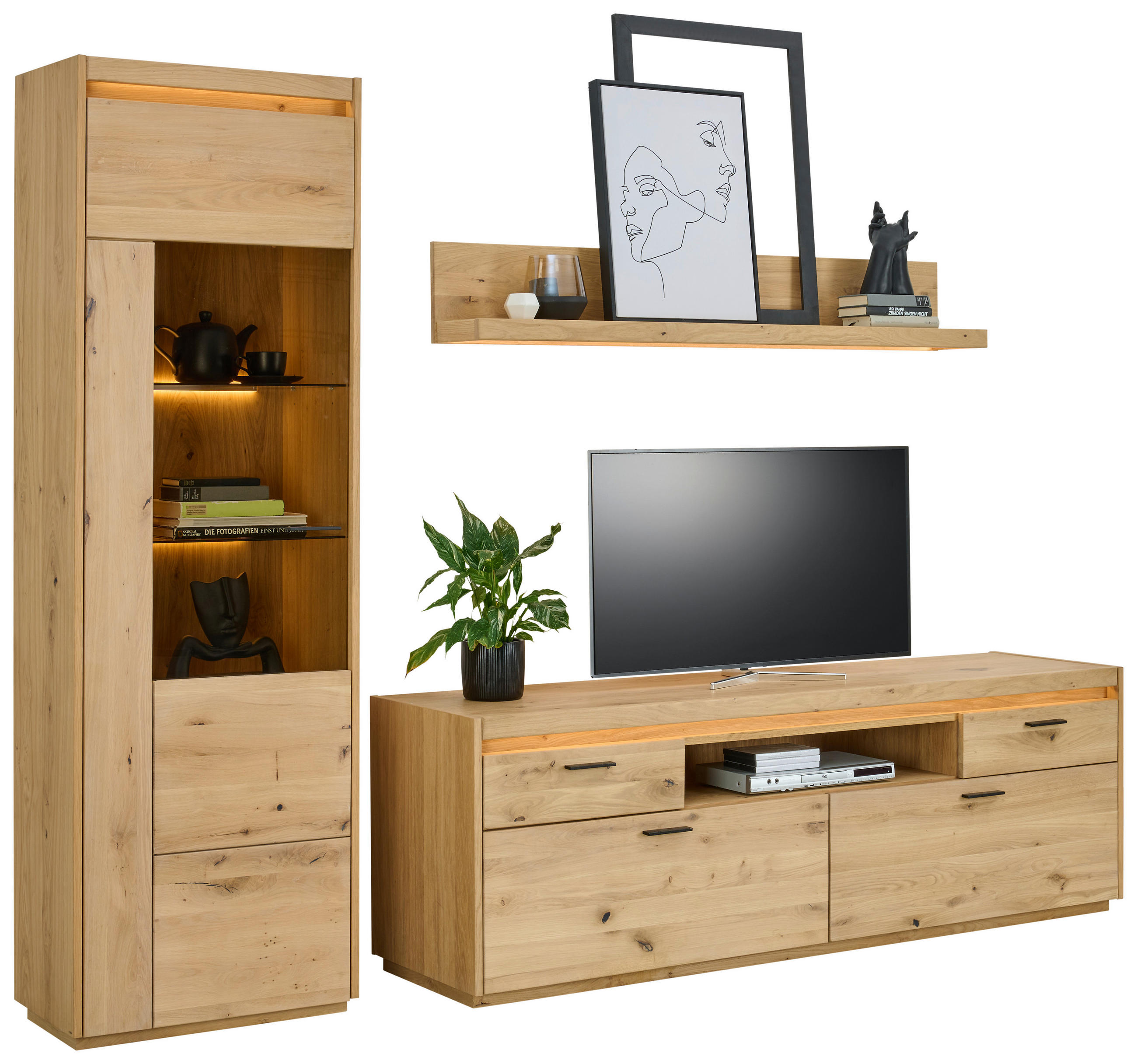 Thumbnail - Linea Natura Wohnwand, Eiche, Metall, Kerneiche, furniert, massiv, 3 Fächer, 2 Schublade(n) Schubladen, 267x201.9x49.8 c...