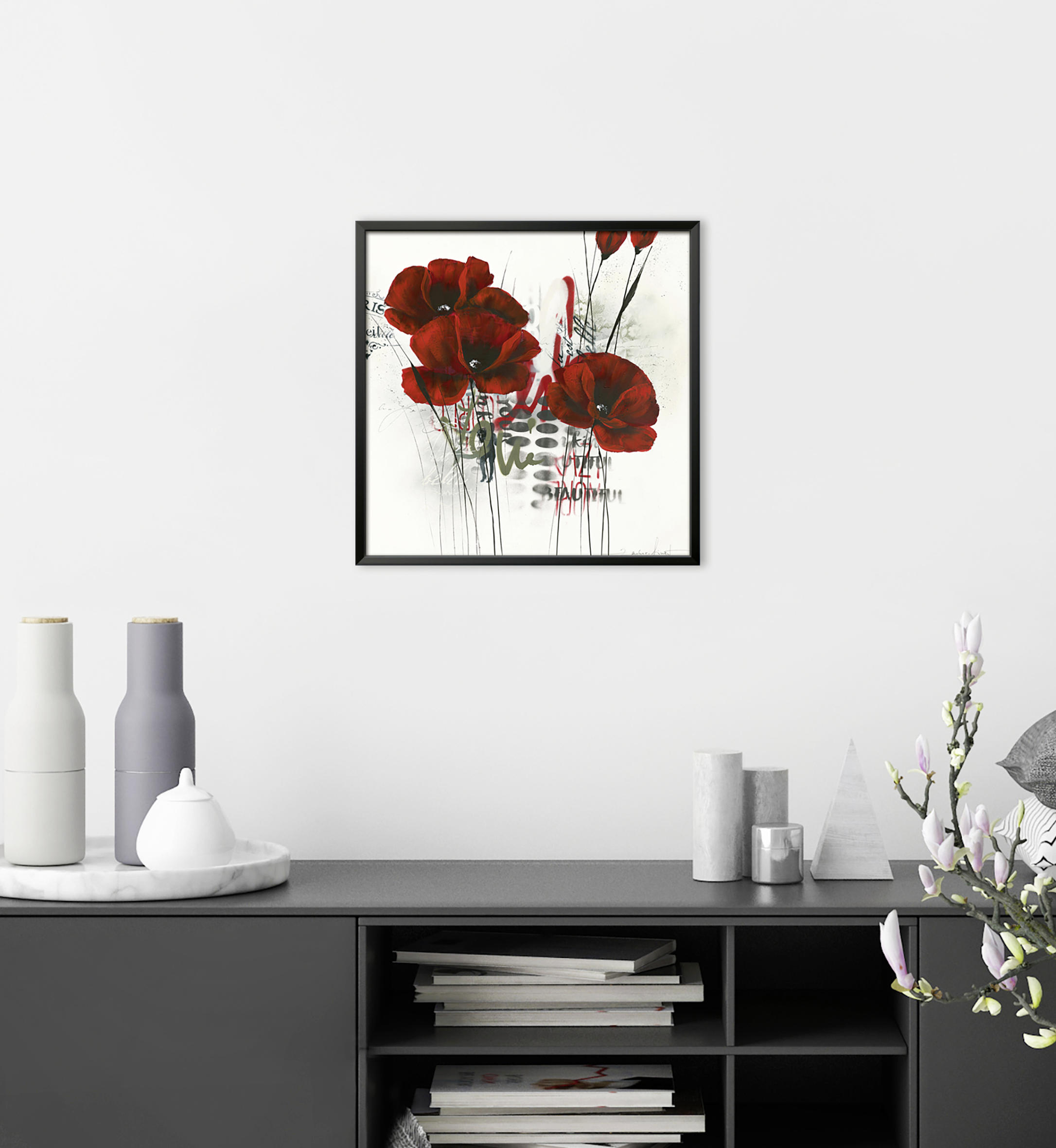 KUNSTDRUCK Isabelle Zacher-Finet Blumen Pavot d’hiver abstrait 2.0  I  - Rot/Schwarz, Basics, Papier (30/30cm) - Monee