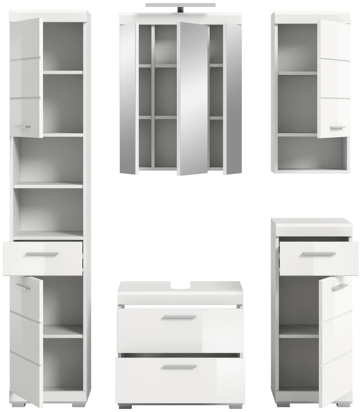 BADEZIMMER 5-teilig  in 134 cm  - Weiß Hochglanz/Silberfarben, MODERN, Glas/Holzwerkstoff (134cm) - MID.YOU