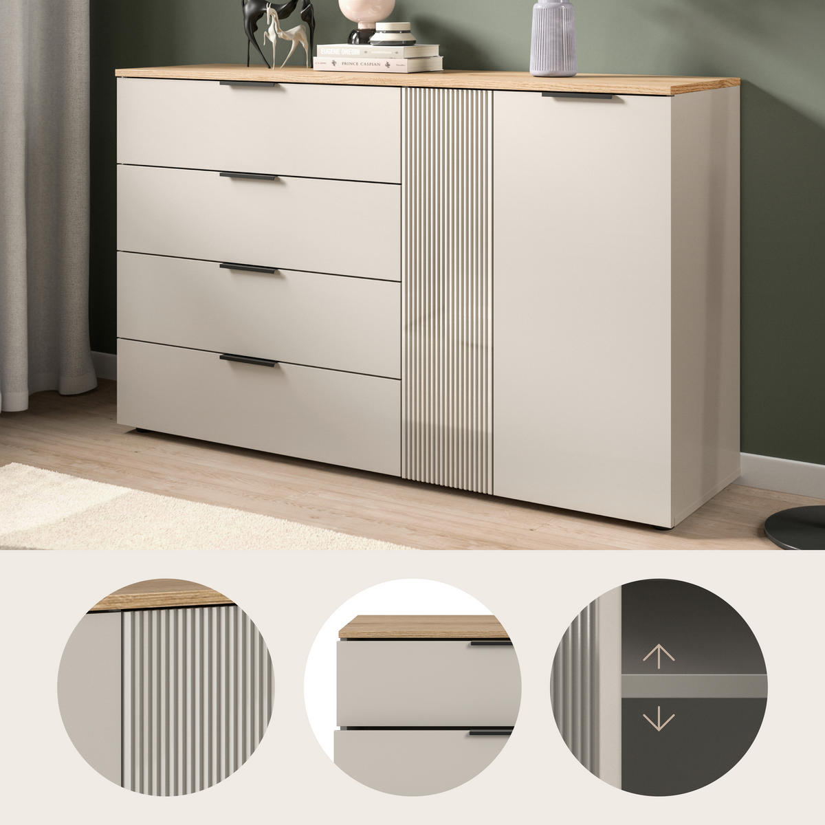 SIDEBOARD  140/86/38 cm 4 låda(or)  - svart/kashmir, Design, trämaterial/plast (140/86/38cm) - MID.YOU