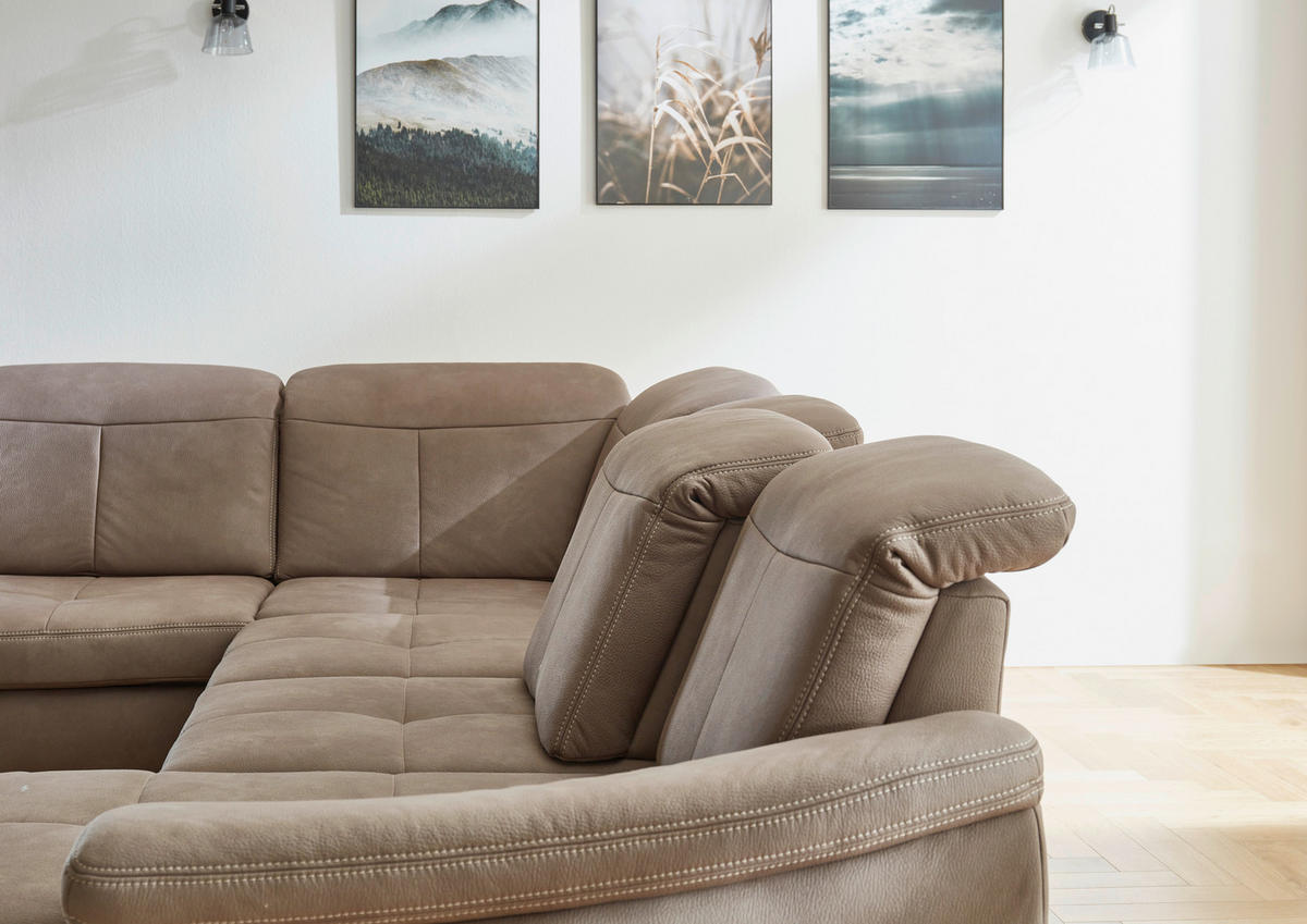 WOHNLANDSCHAFT in Mikrofaser Graubraun  - Wildeiche/Graubraun, KONVENTIONELL, Holz/Textil (243/343/185cm) - Voleo