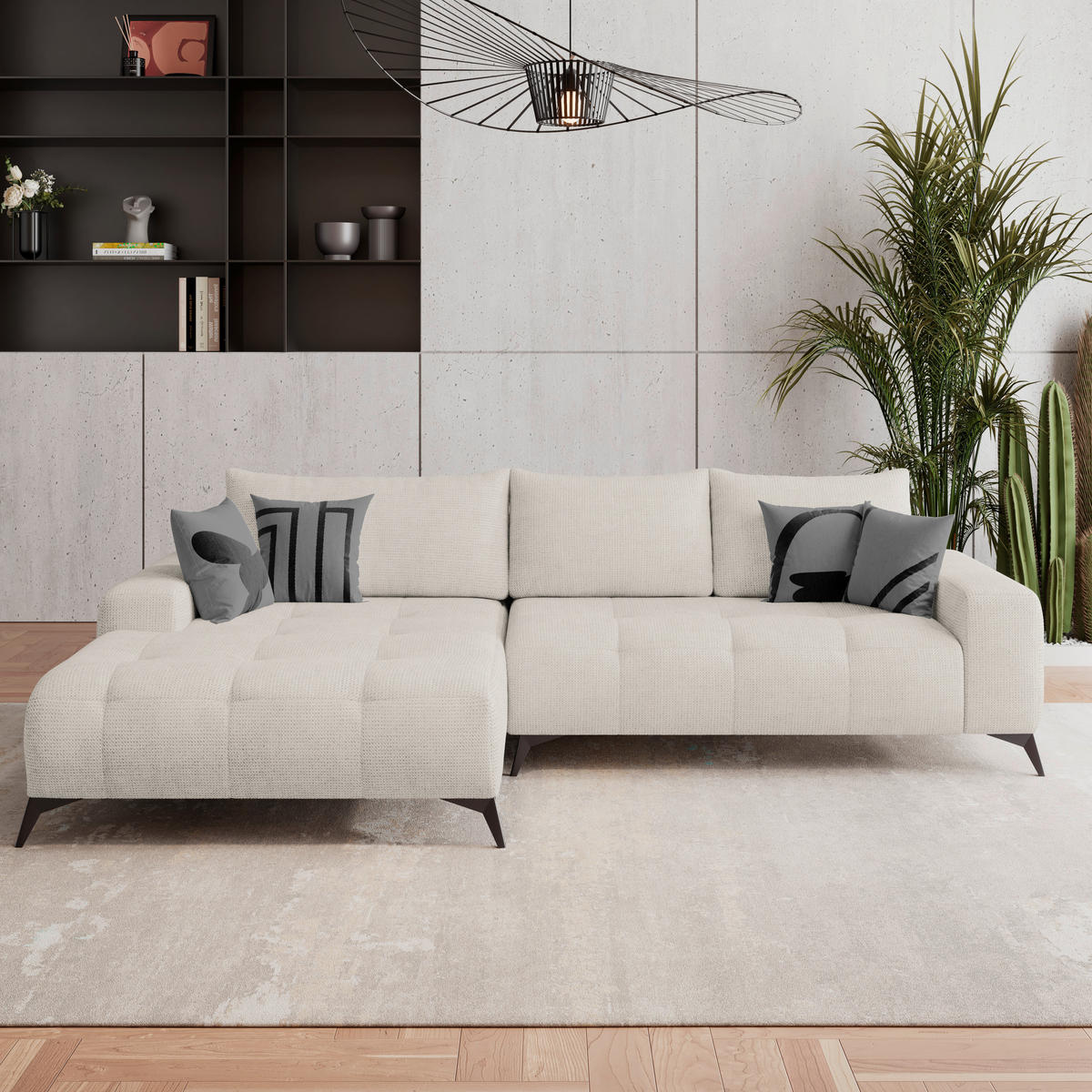 ECKSOFA MAURO Perlmutt Flachgewebe  - Perlmutt/Schwarz, Trend, Textil/Metall (175/290cm) - MID.YOU