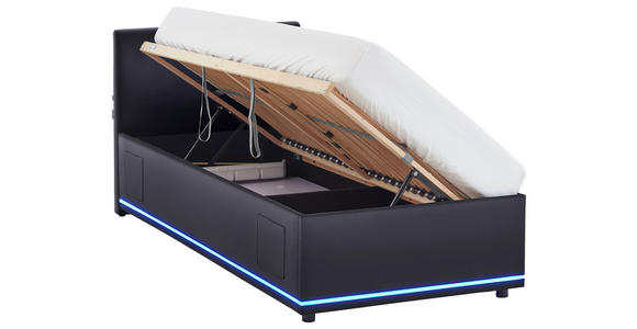 POLSTERBETT 90/200 cm,  in Schwarz, Beleuchtung, Lattenrost, Bettkasten,  - Birkefarben/Buchefarben, Design, Holz/Kunststoff (90/200cm) - Xora