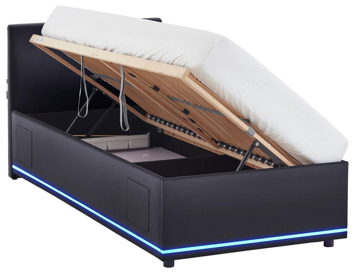 POLSTERBETT 90/200 cm,  in Schwarz, Beleuchtung, Lattenrost, Bettkasten,  - Birkefarben/Buchefarben, Design, Holz/Kunststoff (90/200cm) - Xora