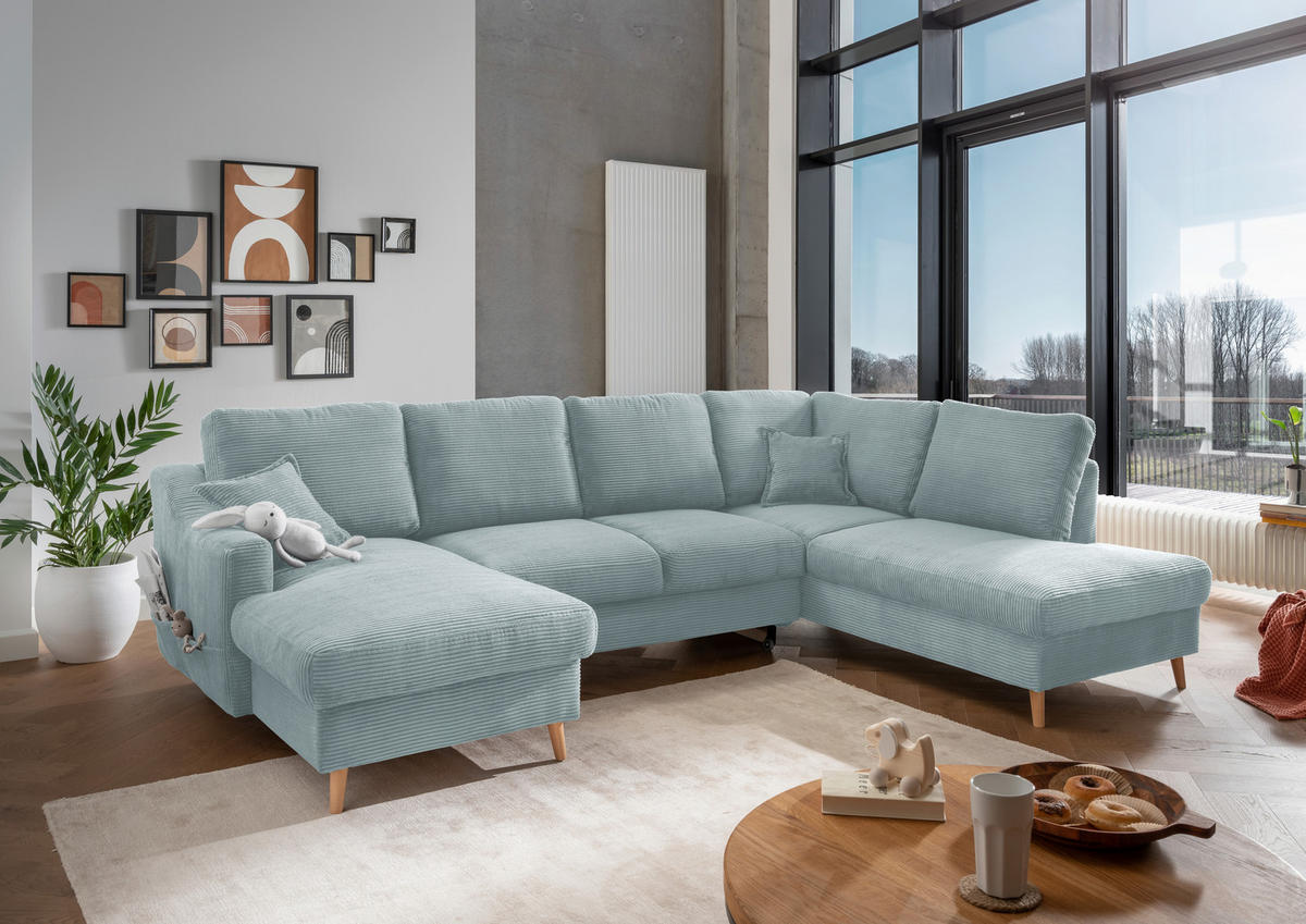 WOHNLANDSCHAFT in Cord Hellblau  - Naturfarben/Hellblau, Konventionell, Holz/Textil (150/301/200cm) - P & B