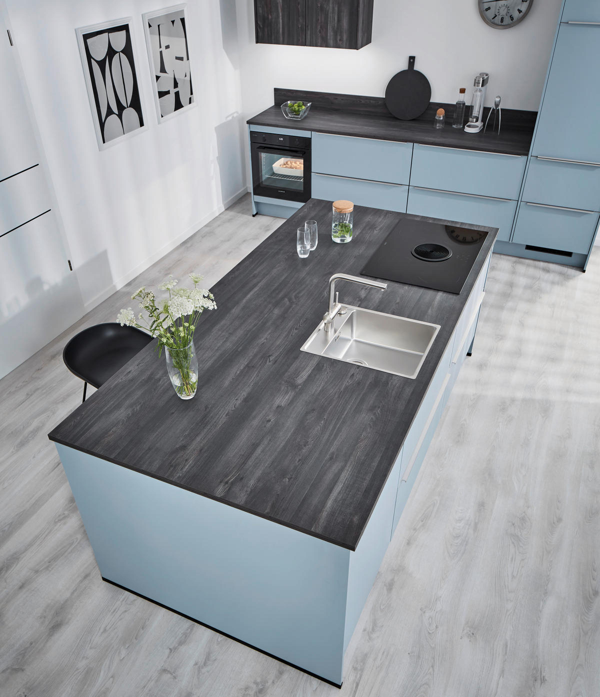 EINBAUKÜCHE   - Pastellblau, Design, Holzwerkstoff - Xora