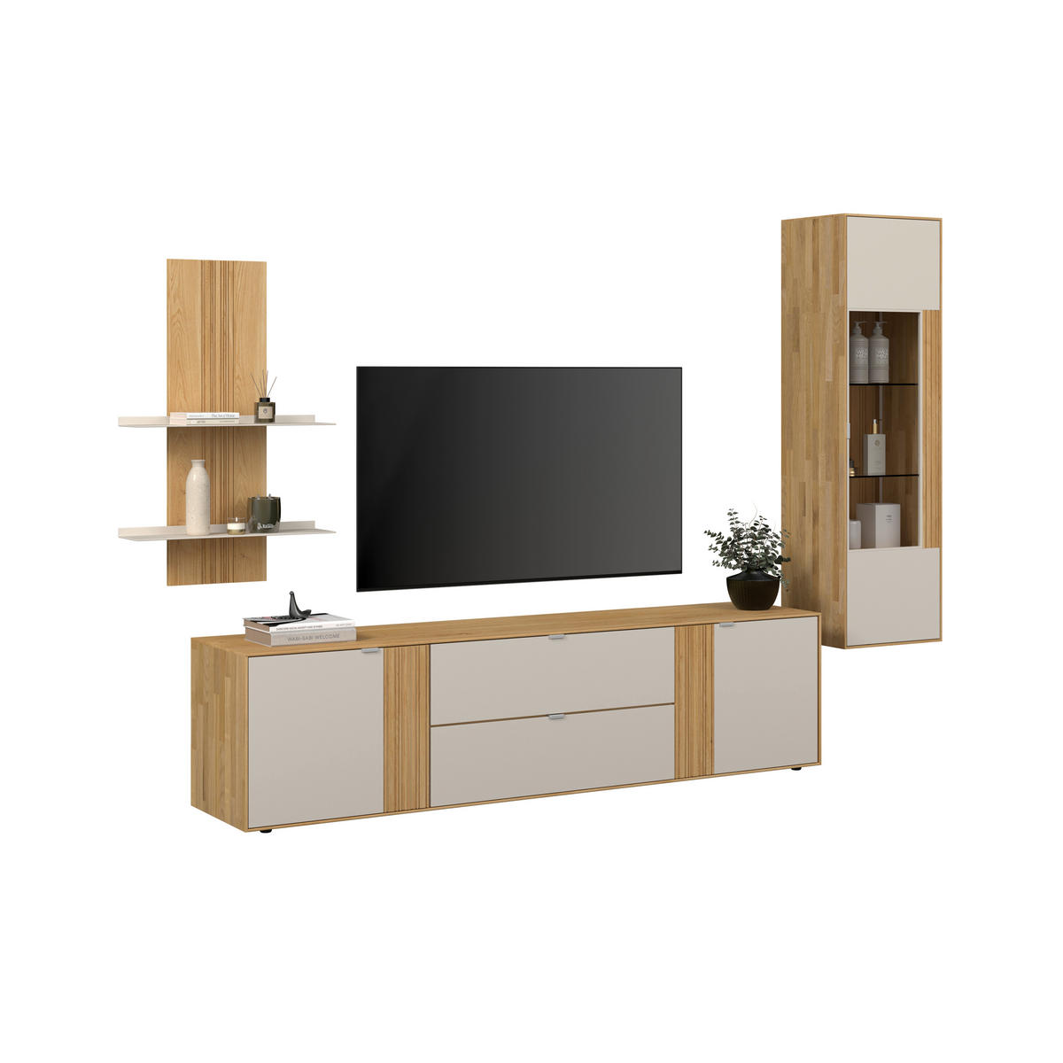 WOHNWAND  Kaschmir, Wildeiche 306,3/203,5/45,2 cm    - Kaschmir/Wildeiche, Design, Glas/Holz (306,3/203,5/45,2cm) - Dieter Knoll