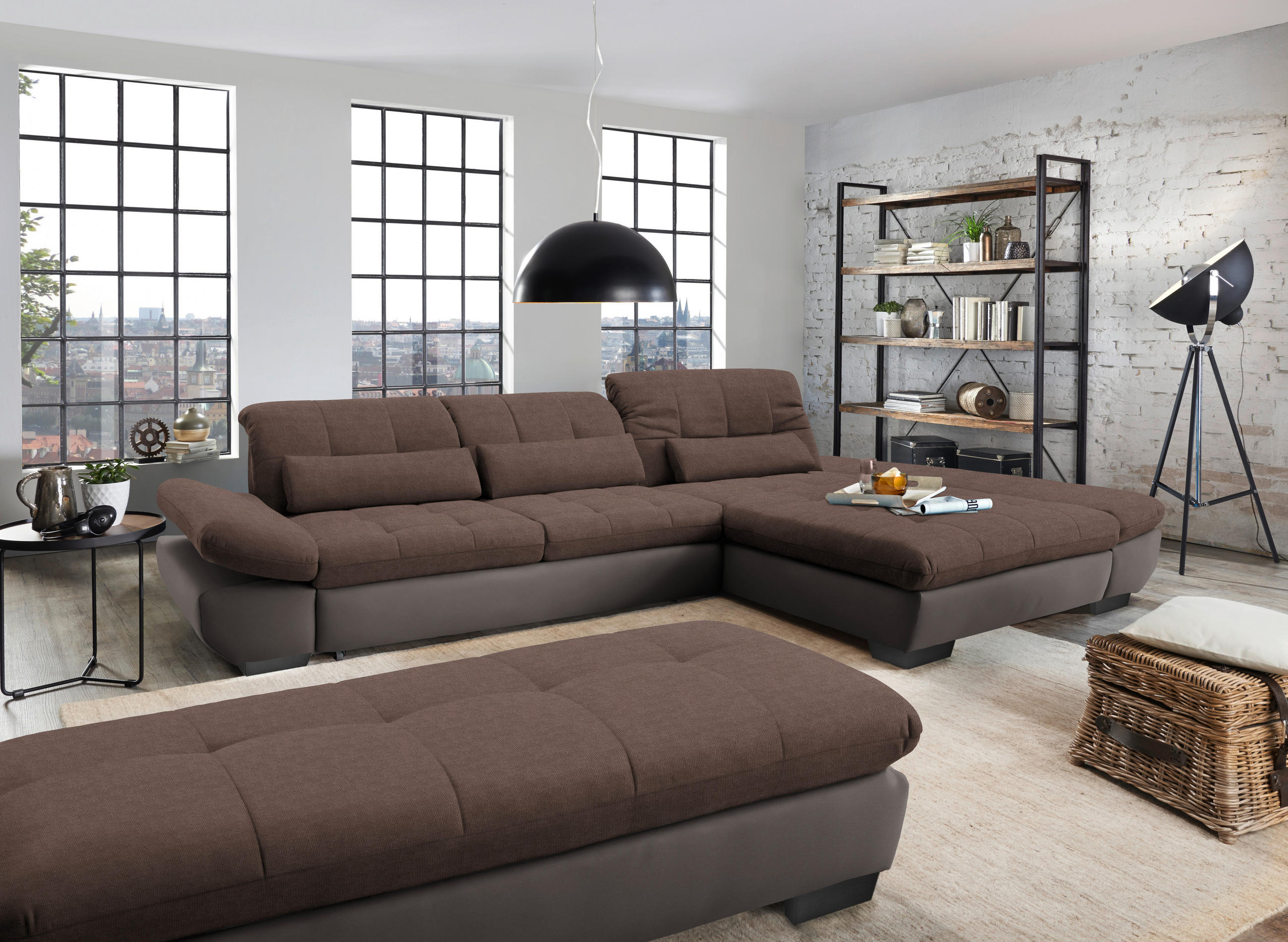ECKSOFA in Mikrofaser Hellbraun  341/204 cm  - Hellbraun/Schwarz, Design, Textil/Metall (341/204cm) - Xora
