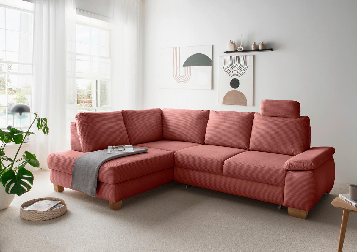 ECKSCHLAFSOFA in Cord Koralle  - Wildeiche/Koralle, Modern, Holz/Textil (206/261cm) - Livetastic