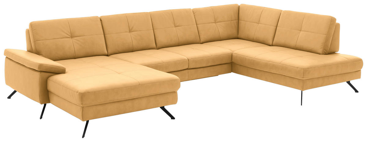 WOHNLANDSCHAFT in Lederlook, Mikrofaser Gelb  - Gelb/Schwarz, Design, Textil/Metall (345/220cm) - Beldomo System