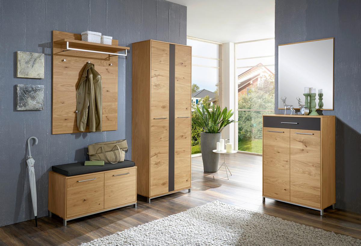 SCHUHSCHRANK Eiche, Balkeneiche furniert, teilmassiv Anthrazit, Eichefarben  - Edelstahlfarben/Eichefarben, Design, Glas/Holz (72/105/37cm)