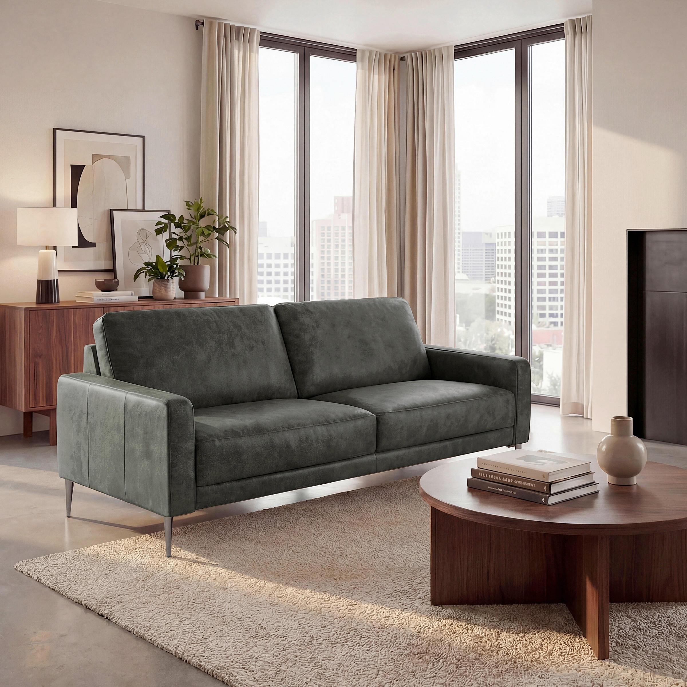 2-SITZER-SOFA SPRING in Lederlook Echtleder Grau  - Schwarzchrom/Grau, Design, Leder/Textil (157/85/92cm) - Livetastic