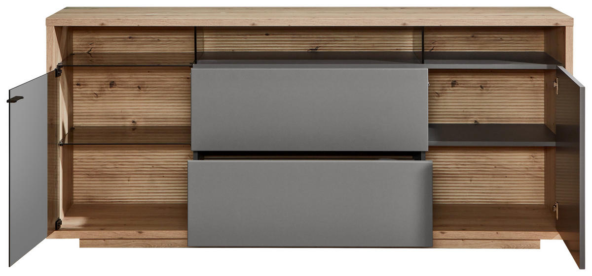SIDEBOARD Grau, Eiche Artisan  190/83,8/42 cm  - Graphitfarben/Eiche Artisan, Design, Glas/Holzwerkstoff (190/83,8/42cm) - Stylife