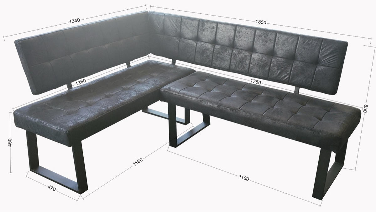 ECKBANK in Metall, Textil Braun  - Schwarz/Braun, Modern, Textil/Metall (134/185cm) - MID.YOU