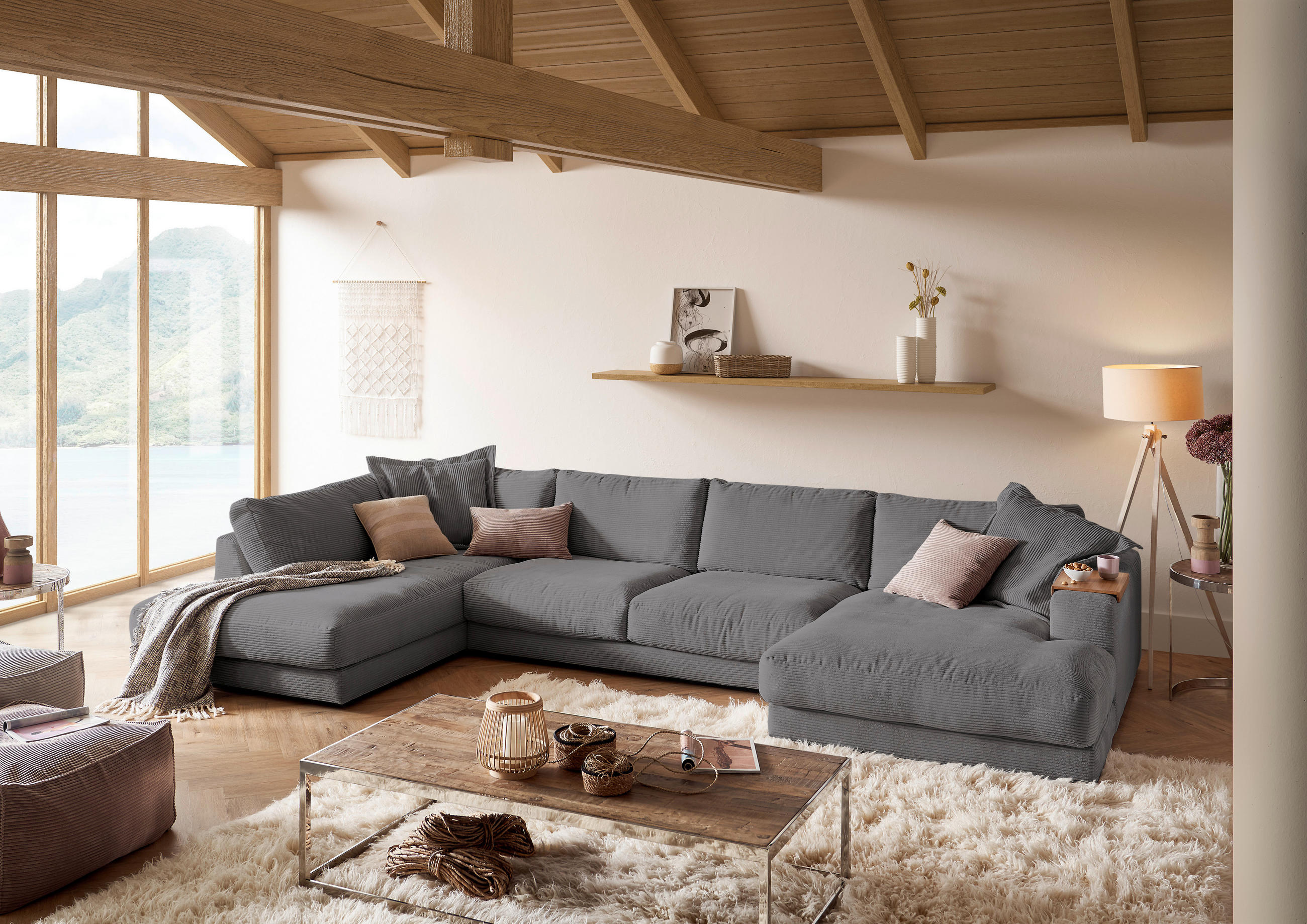 WOHNLANDSCHAFT Dunkelgrau Cord  - Dunkelgrau/Schwarz, Design, Kunststoff/Textil (224/425/190cm) - Hom`in