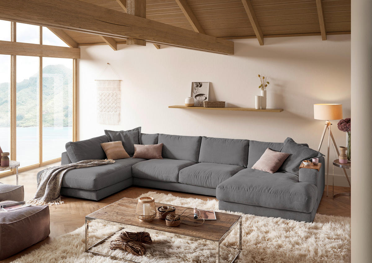WOHNLANDSCHAFT Dunkelgrau Cord  - Dunkelgrau/Schwarz, Design, Kunststoff/Textil (224/425/190cm) - Hom`in
