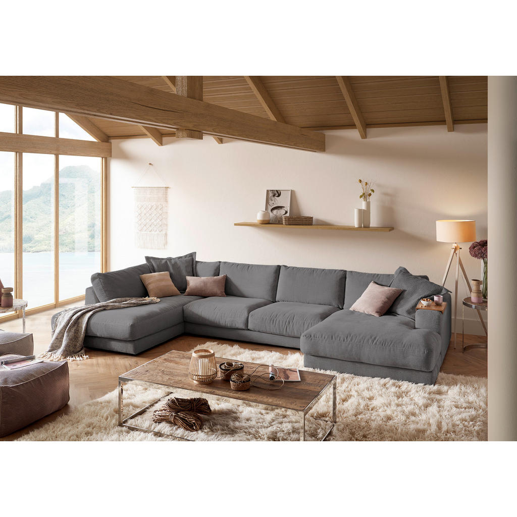 Thumbnail - Hom`in Wohnlandschaft, Dunkelgrau, Textil, Füllung: Schaumstoff, Federn, Ottomane rechts, U-Form, 425x224 cm, Blauer Eng...