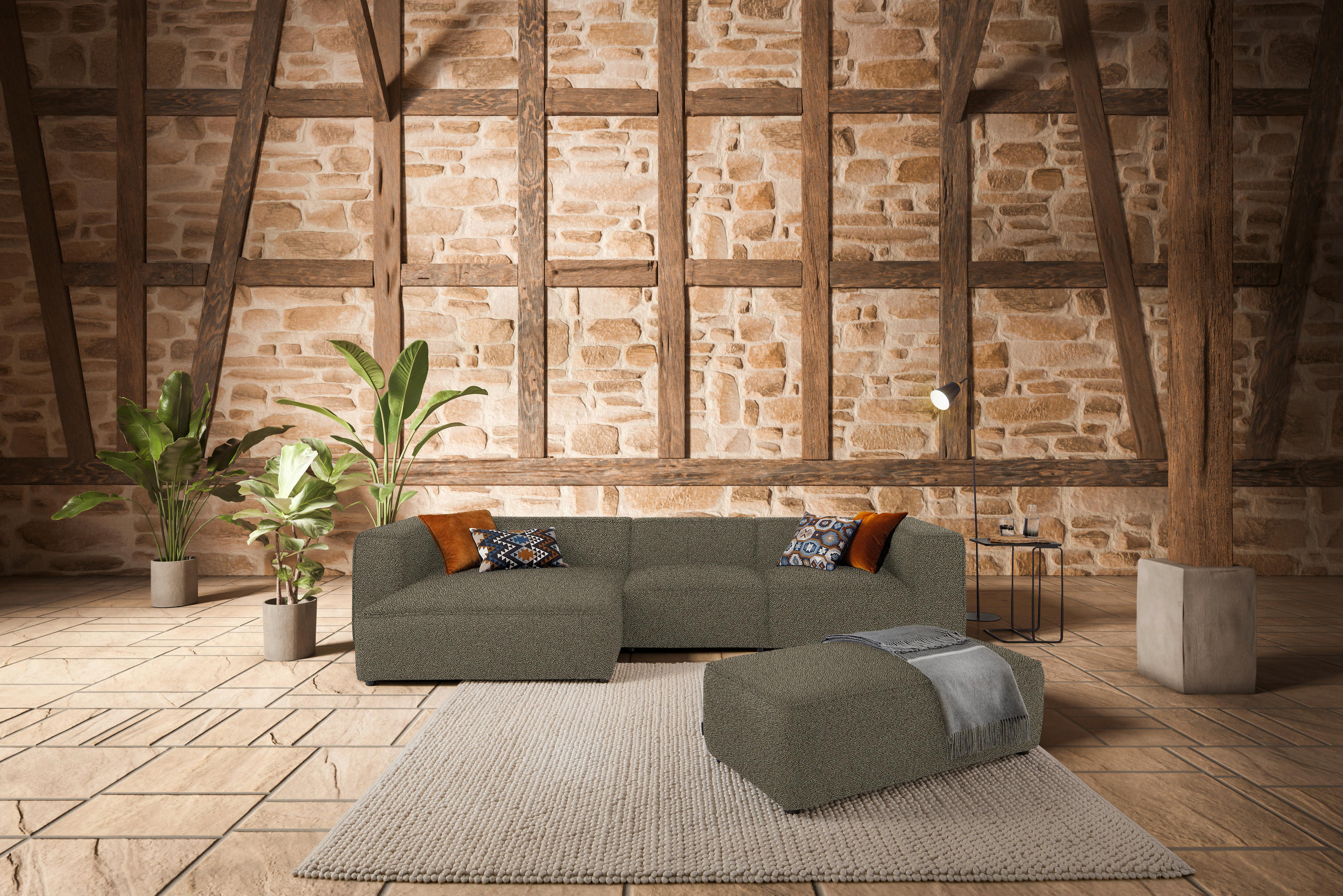 ECKSOFA in Flachgewebe Sandfarben  164/341 cm  - Sandfarben/Schwarz, Design, Kunststoff/Textil (164/341cm) - W.Schillig
