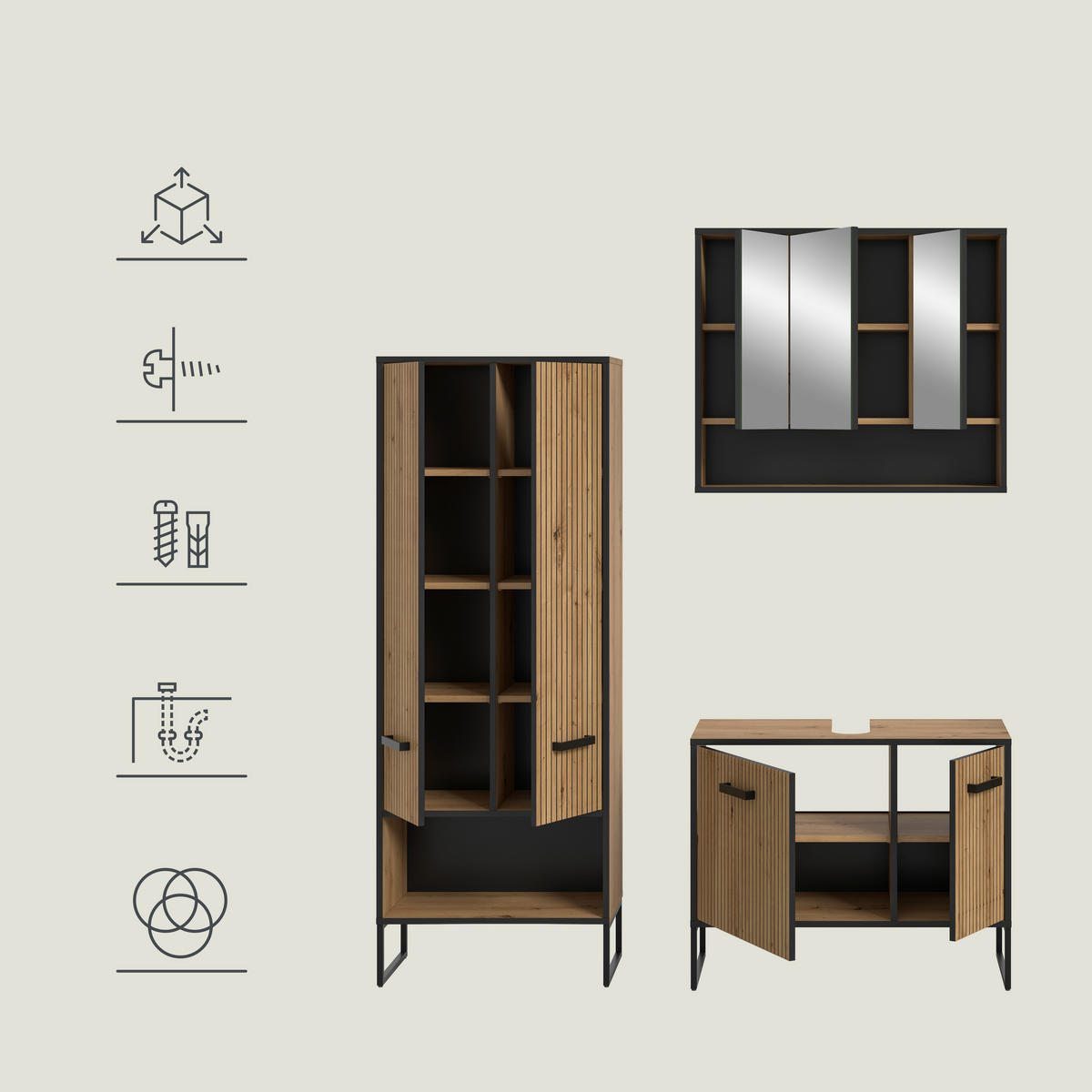 BADRUM 139 cm  - svart/ek Artisan, Trend, metall/trämaterial (139cm) - MID.YOU