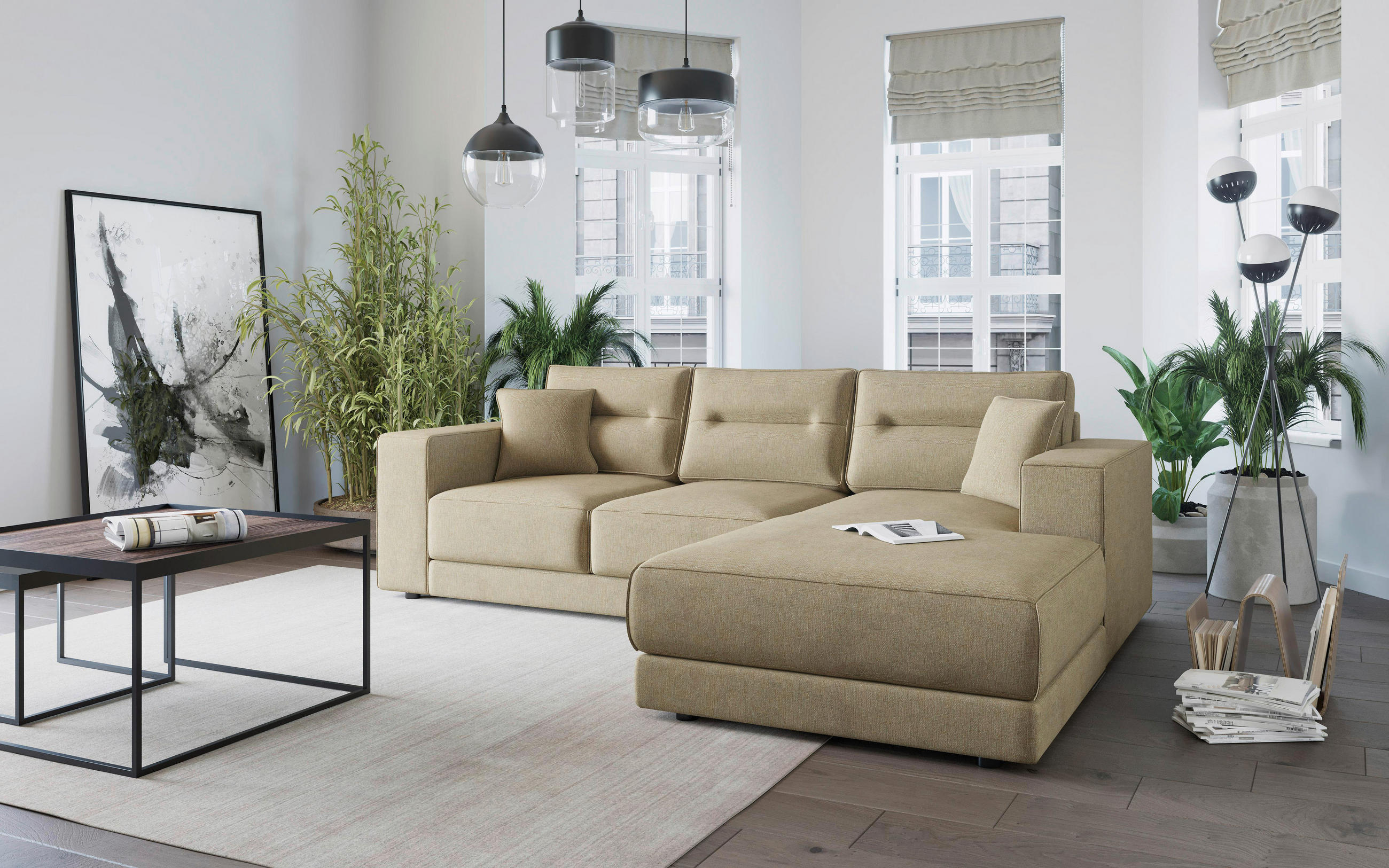 ECKSOFA Champagner Flachgewebe  - Champagner/Edelstahlfarben, Design, Kunststoff/Textil (272/195cm) - Livetastic