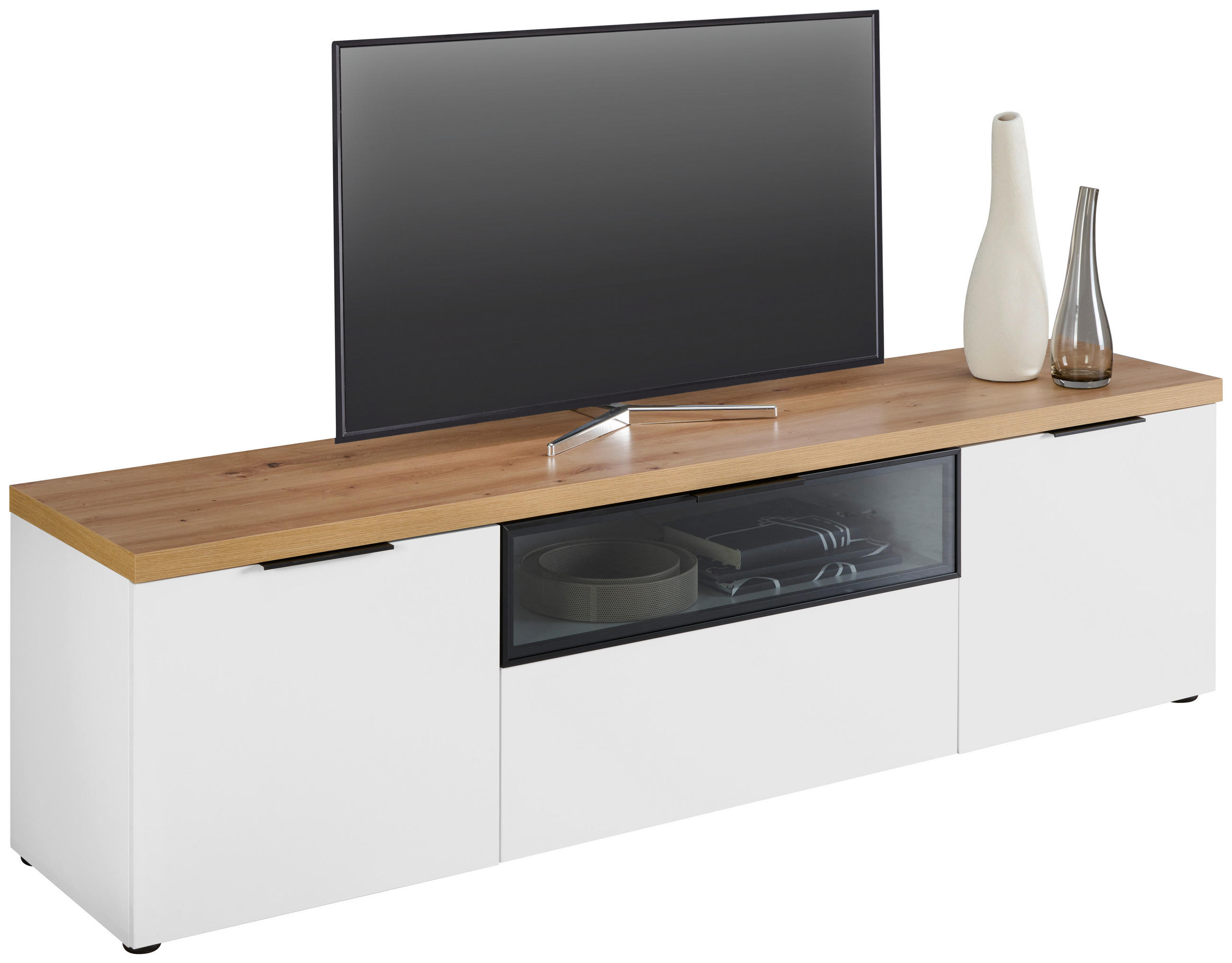 LOWBOARD 180/50/43 cm - Weiss/Eichefarben, Design, Glas/Holzwerkstoff (180/50/43cm) - Stylife