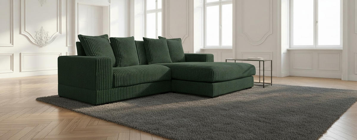 ECKSOFA Dunkelgrün Cord  - Dunkelgrün/Schwarz, Design, Kunststoff/Textil (285/195cm) - MID.YOU