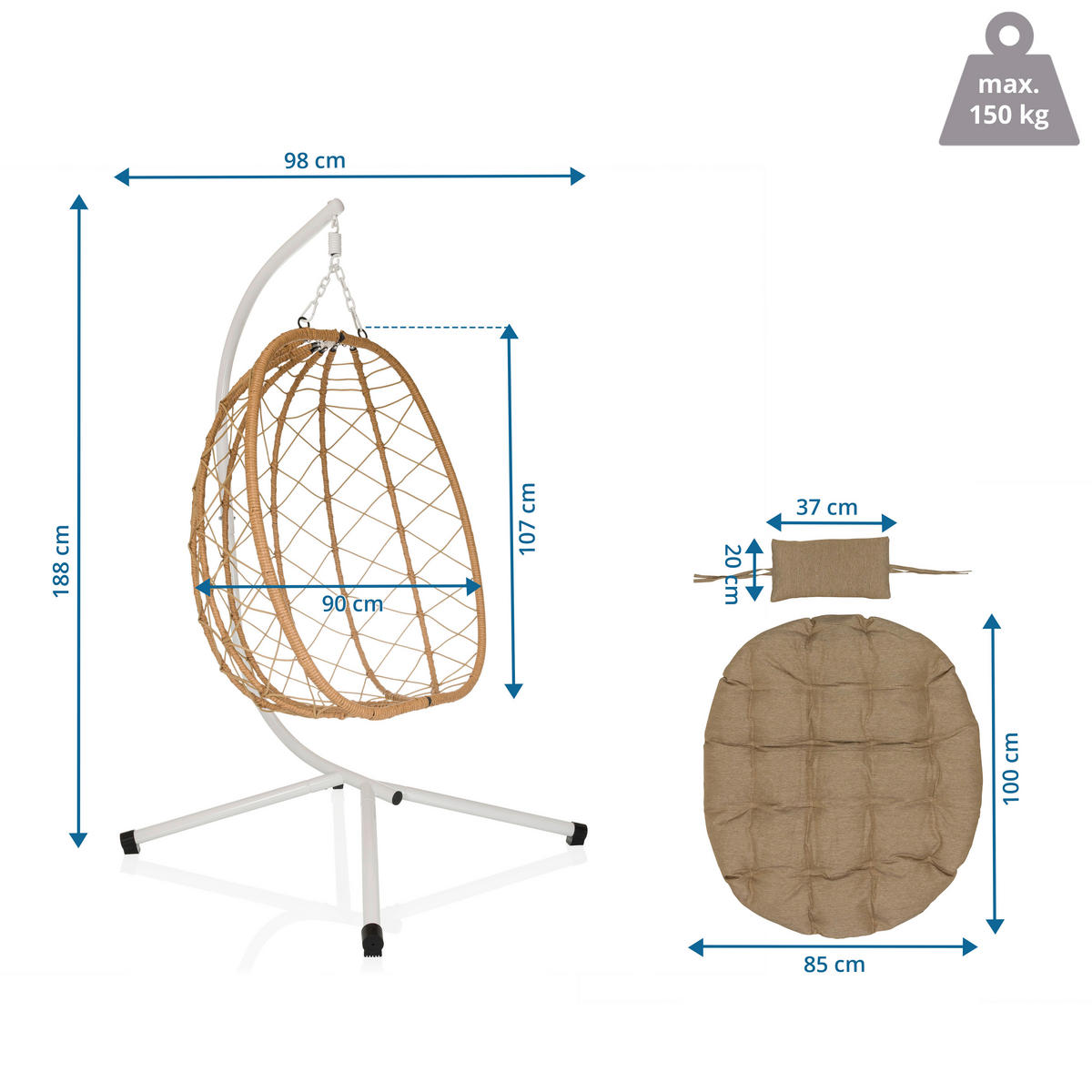 HÄNGESESSEL 98/188/114 cm  - Beige/Weiß, MODERN, Kunststoff/Textil (98/188/114cm) - MID.YOU