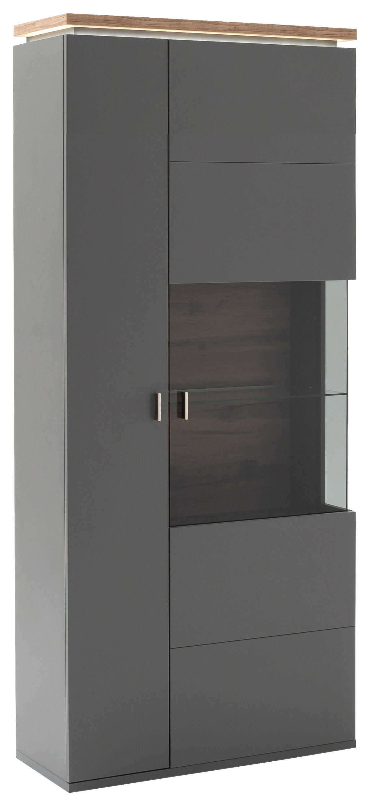 VITRINE Grau, Eiche Wotan Beleuchtung, Einlegeböden - Eiche Wotan/Grau, Design, Glas/Holzwerkstoff (90/208/37cm) - Stylife