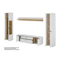 WOHNWAND 4-teilig  in Weiß, Eiche Wotan  330/200/42 cm  - Silberfarben/Eiche Wotan, Design, Glas/Holzwerkstoff (330/200/42cm) - MID.YOU