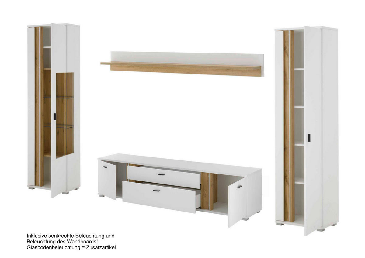 WOHNWAND 4-teilig  in Weiß, Eiche Wotan  330/200/42 cm  - Silberfarben/Eiche Wotan, Design, Glas/Holzwerkstoff (330/200/42cm) - MID.YOU