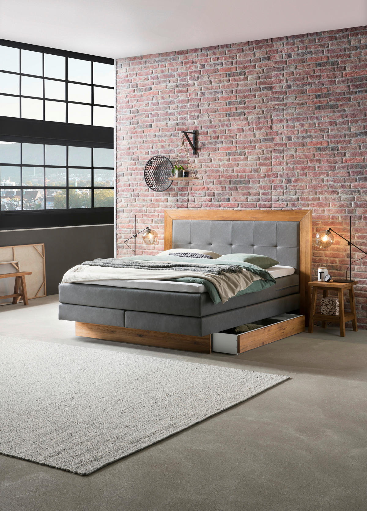 BOXSPRINGBETT 180/200 cm  in Anthrazit, Eichefarben  - Eichefarben/Anthrazit, KONVENTIONELL, Holz/Textil (180/200cm) - Hasena