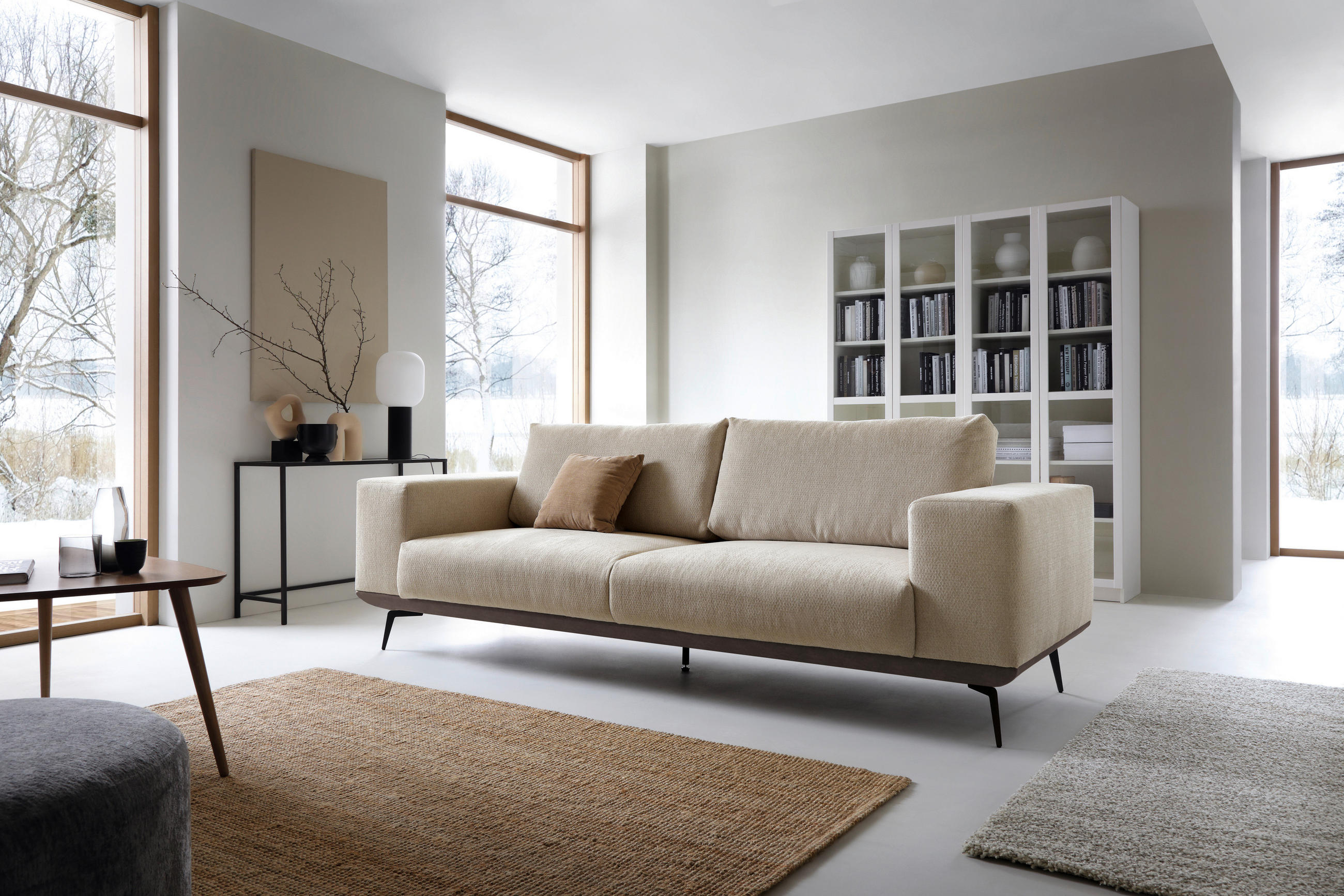 2-SITZER-SOFA in Chenille Creme  - Creme/Schwarz, Design, Holz/Textil (260/87/95cm) - MID.YOU