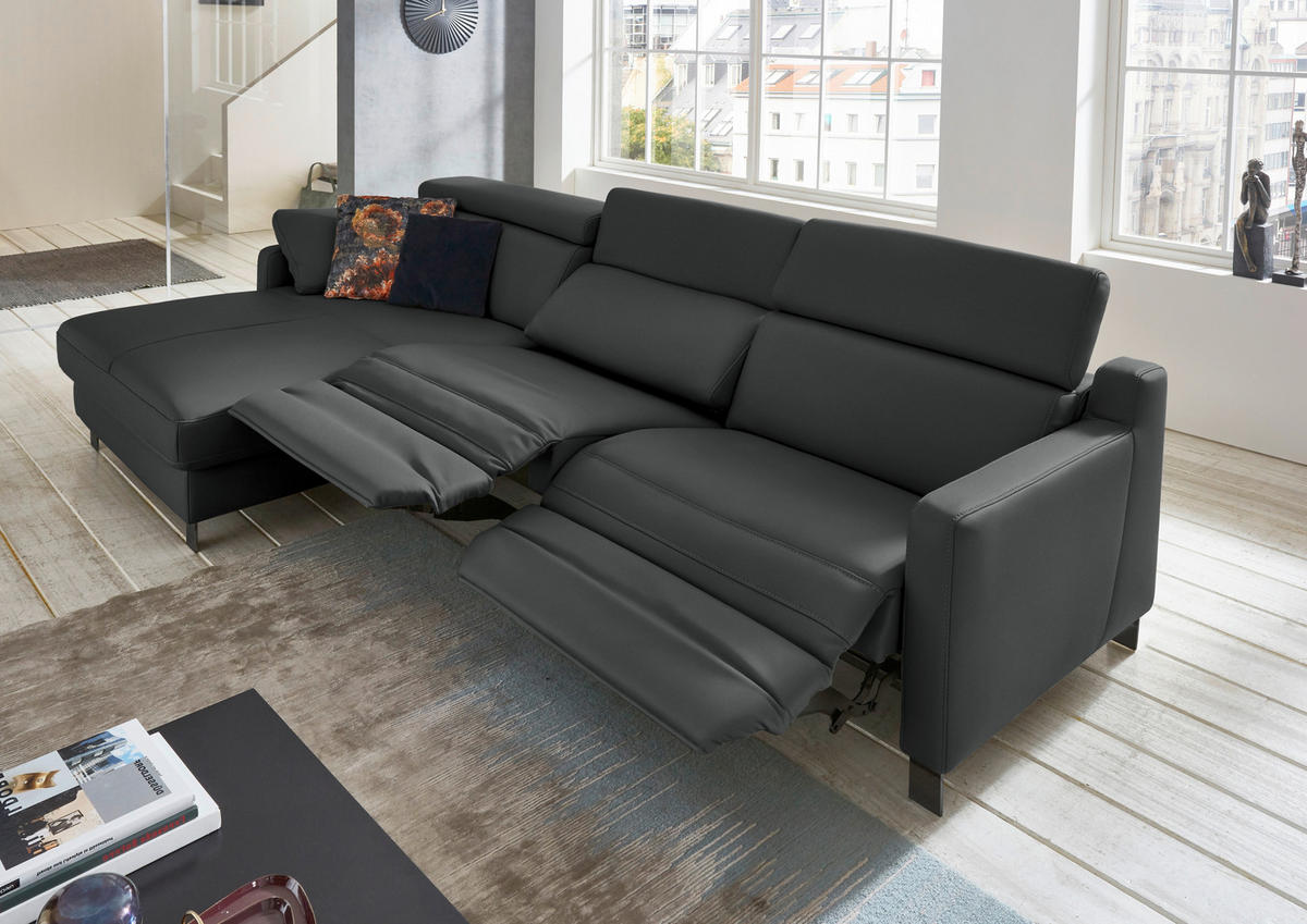 ECKSOFA in Echtleder Anthrazit  - Anthrazit/Schwarz, Design, Leder/Metall (176/291cm) - Valdera