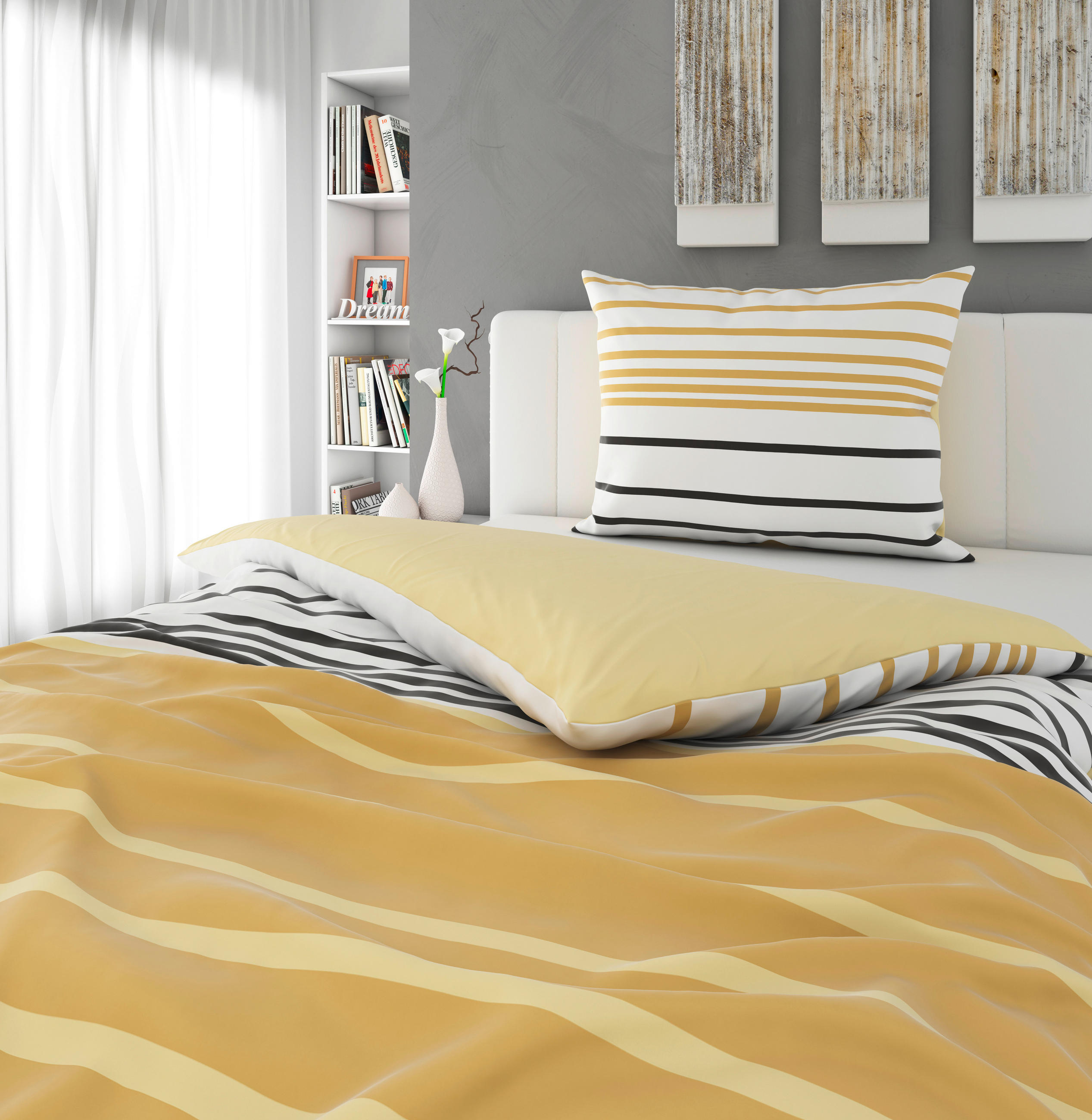 POSTELJINA SA DVA LICA WAVE 140/200 cm saten žuta, višebojna, crna, bela  - bela/višebojna, Trendi, tekstil (140/200cm) - Novel