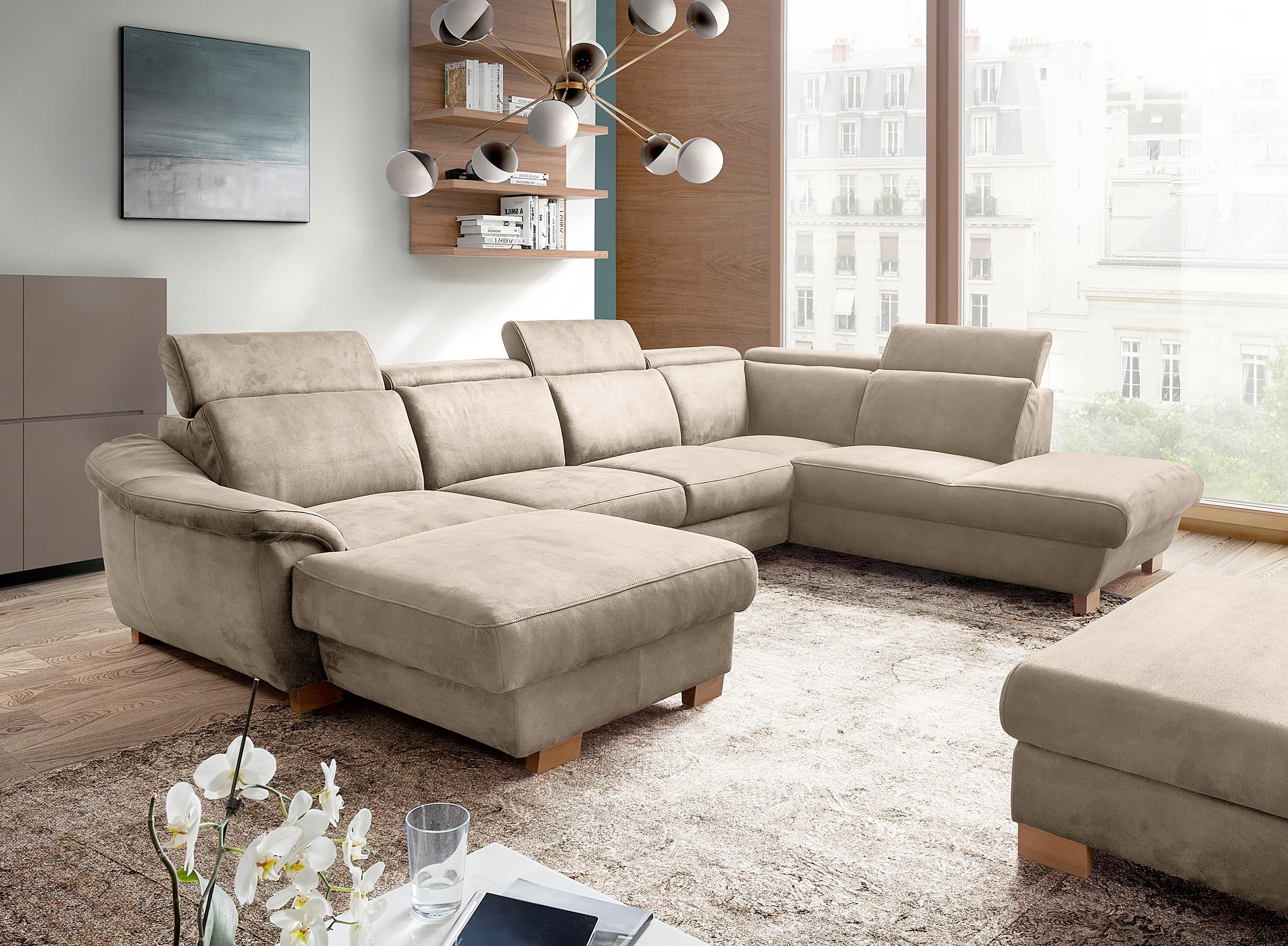 WOHNLANDSCHAFT Mikrofaser Taupe  - Taupe/Naturfarben, Design, Holz/Textil (238/347/273cm) - Livetastic