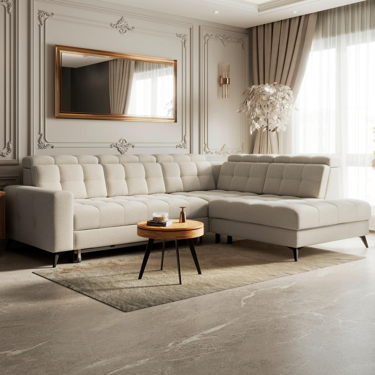 ECKSOFA BARLETTA NEW Creme Velours Bettkasten, Kopfteilverstellung, Sitztiefenverstellung, Liegefläche im Originalstoff  - Creme/Schwarz, ROMANTIK / LANDHAUS, Textil/Metall (289/228cm) - MID.YOU