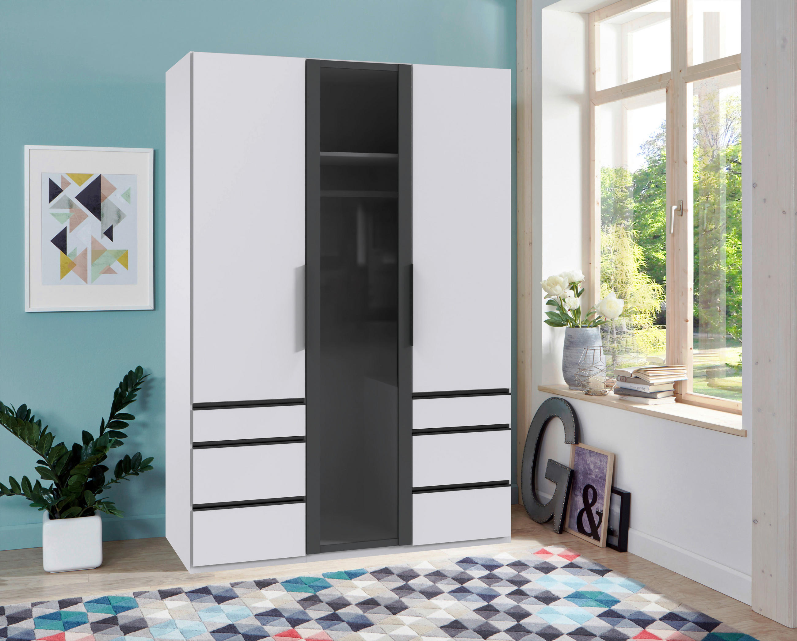 KLEIDERSCHRANK 150/216/58 cm 3-türig Grau, Weiß  - Schwarz/Weiß, Design, Glas/Holzwerkstoff (150/216/58cm) - Hom`in
