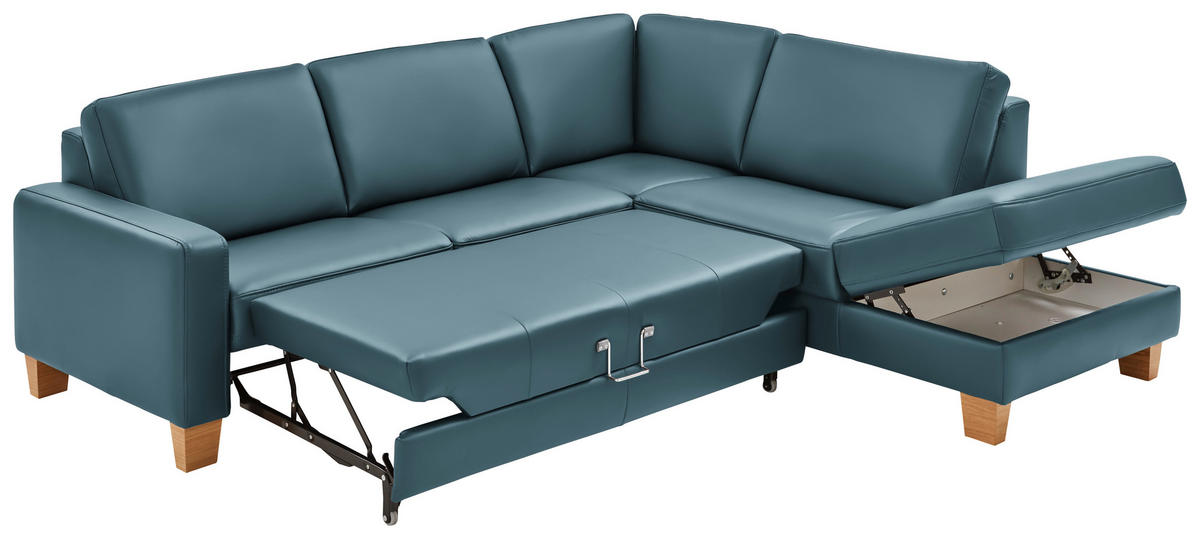 ECKSOFA in Echtleder Blau  - Blau/Eiche Bianco, Natur, Leder/Holz (257/235cm) - Valdera
