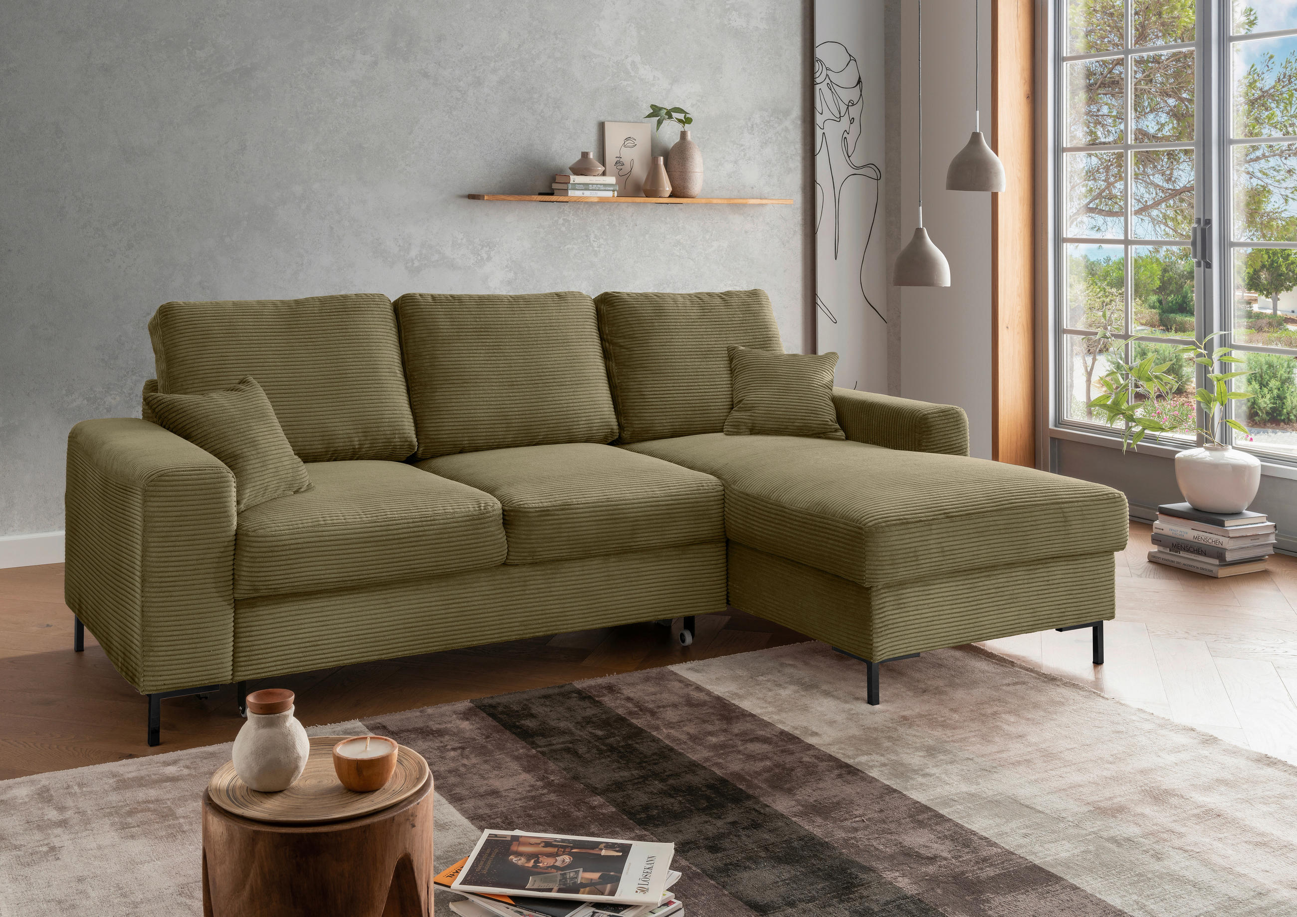 ECKSCHLAFSOFA  mit Liegefunktion, Rücken echt Cord Olivgrün  - Schwarz/Olivgrün, KONVENTIONELL, Textil/Metall (237/143cm) - Livetastic