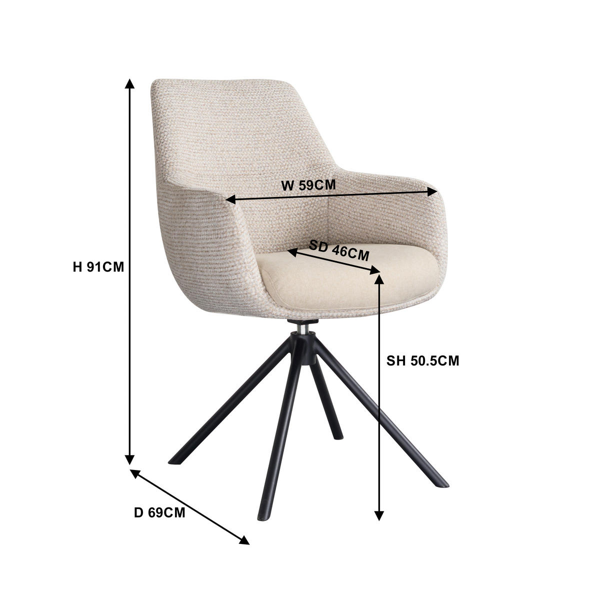ARMLEHNSTUHL  Stoffauswahl, Sitzfläche 360° drehbar Webstoff  - Beige/Schwarz, Design, Textil/Metall (59/91/69cm) - Novel