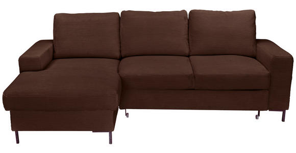 ECKSOFA Dunkelbraun Cord  inkl. Rückenkissen, Bettkasten, Schlaffunktion, Rücken echt, Liegefläche im Originalstoff  - Dunkelbraun/Schwarz, KONVENTIONELL, Textil/Metall (150/240cm) - Carryhome