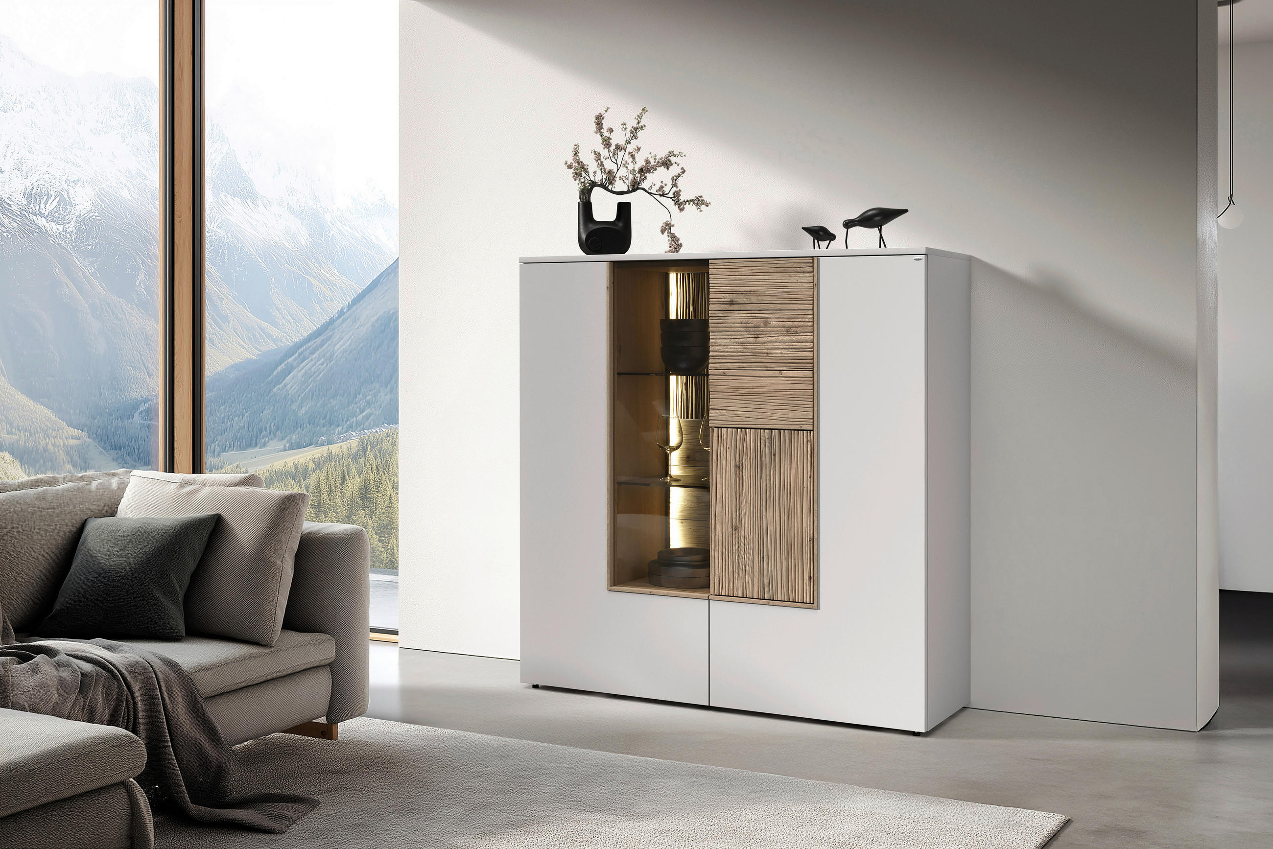 HIGHBOARD Weiss, Wildeiche  127,9/132/42,9 cm  - Wildeiche/Weiss, Design, Glas/Holz (127,9/132/42,9cm) - Voglauer
