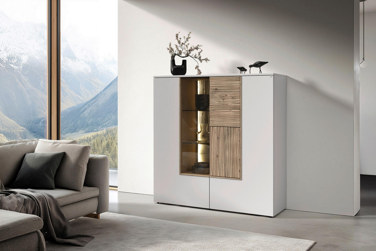HIGHBOARD Weiss, Wildeiche  127,9/132/42,9 cm  - Wildeiche/Weiss, Design, Glas/Holz (127,9/132/42,9cm) - Voglauer