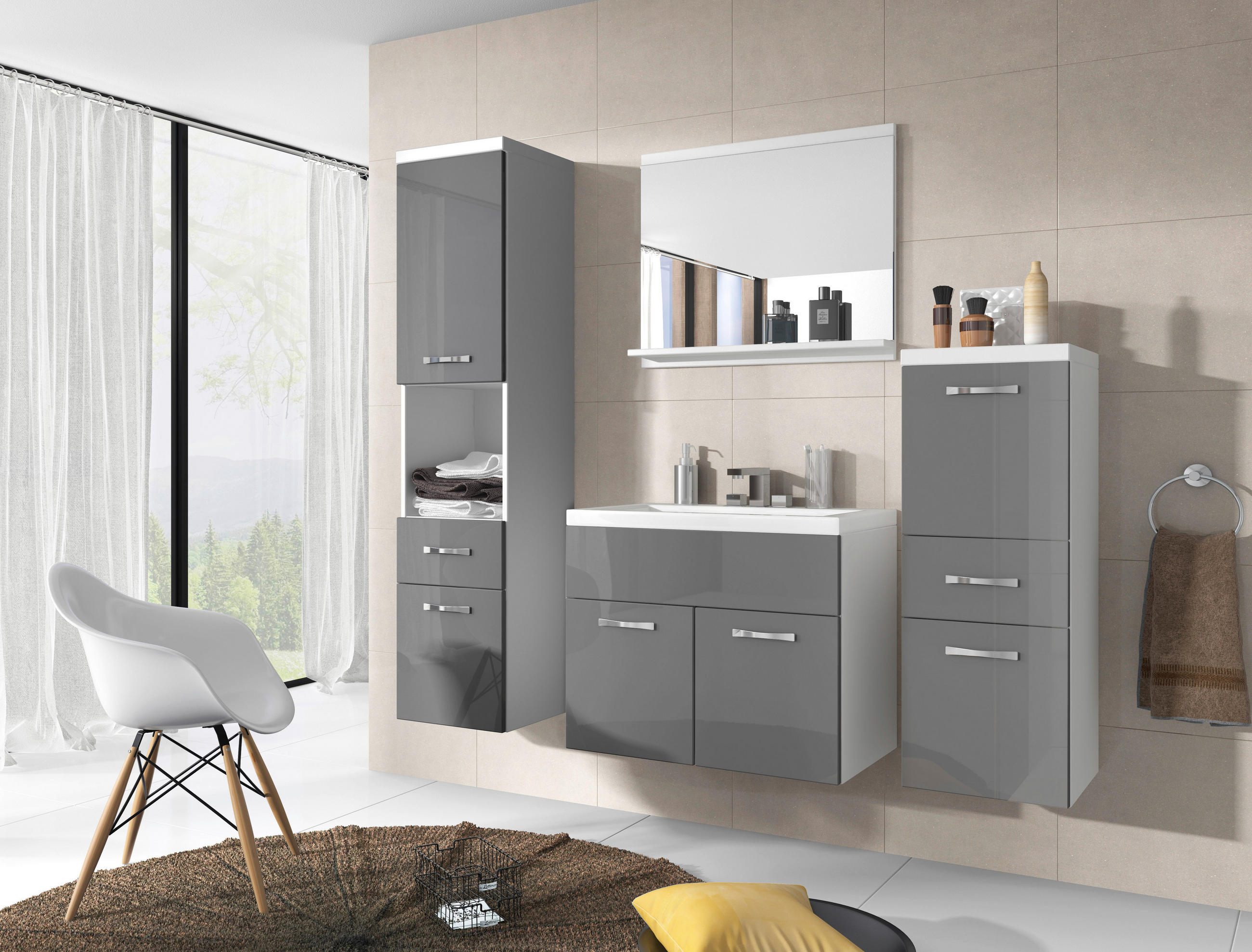BADEZIMMER 5-teilig  in 120 cm  - Weiß/Grau, LIFESTYLE, Holzwerkstoff/Metall (120cm) - P & B