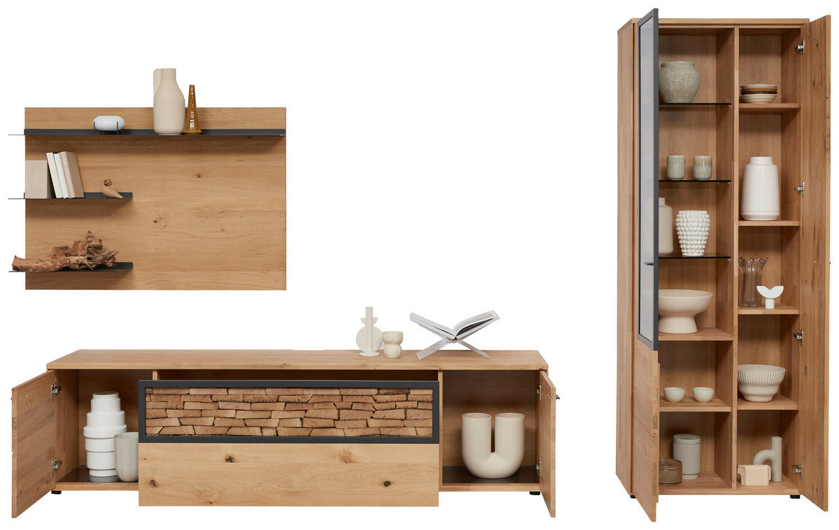 WOHNWAND  in Wildeiche 328,8/207,2/45,2 cm  - Wildeiche/Graphitfarben, Natur, Glas/Holz (328,8/207,2/45,2cm) - Valnatura