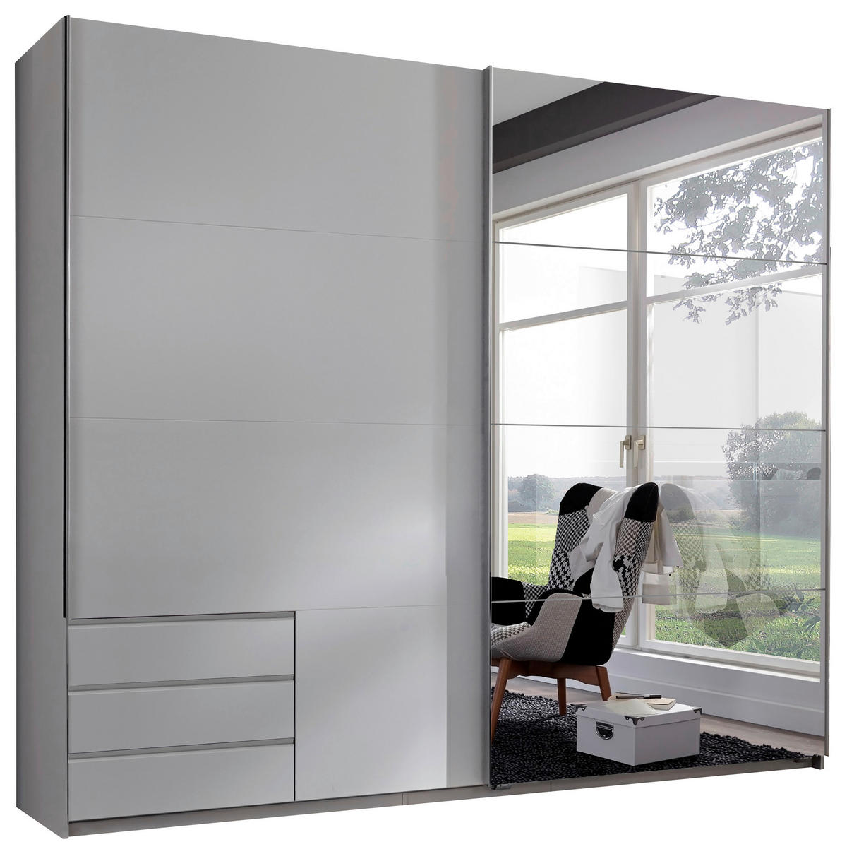 OMARA Z DRSNIMI VRATI, bela  - bela/barve aluminija, Moderno, kovina/leseni material (225/210/65cm) - Hom`in